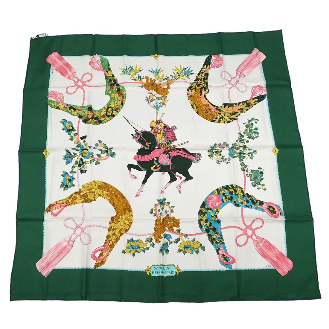 Green Samourai Silk Square Scarf by Hermes Carre 90: Green Samourai Silk Square Scarf by Hermes Carre 90 This Hermes Carre 90 Samourai scarf is crafted from silk and features a green color in a classic square style. Made in France, it measures 35 inches