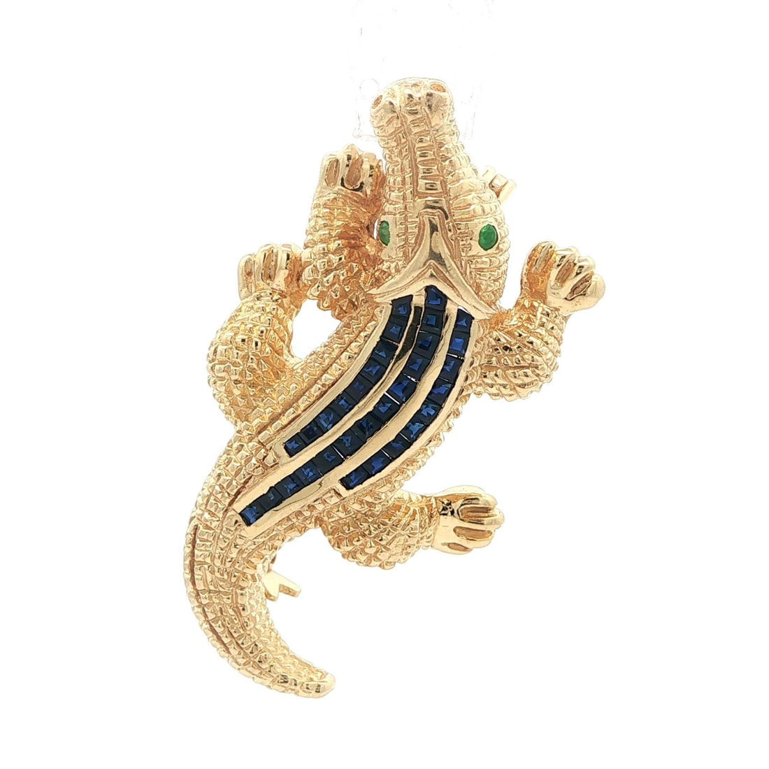 Sapphire and 14k Yellow Gold Alligator Brooch Pendant with Textured Finish: Sapphire and 14k Yellow Gold Alligator Brooch Pendant with Textured Finish This unique piece is crafted from solid 14k yellow gold and features a textured alligator or crocodile design that functions
