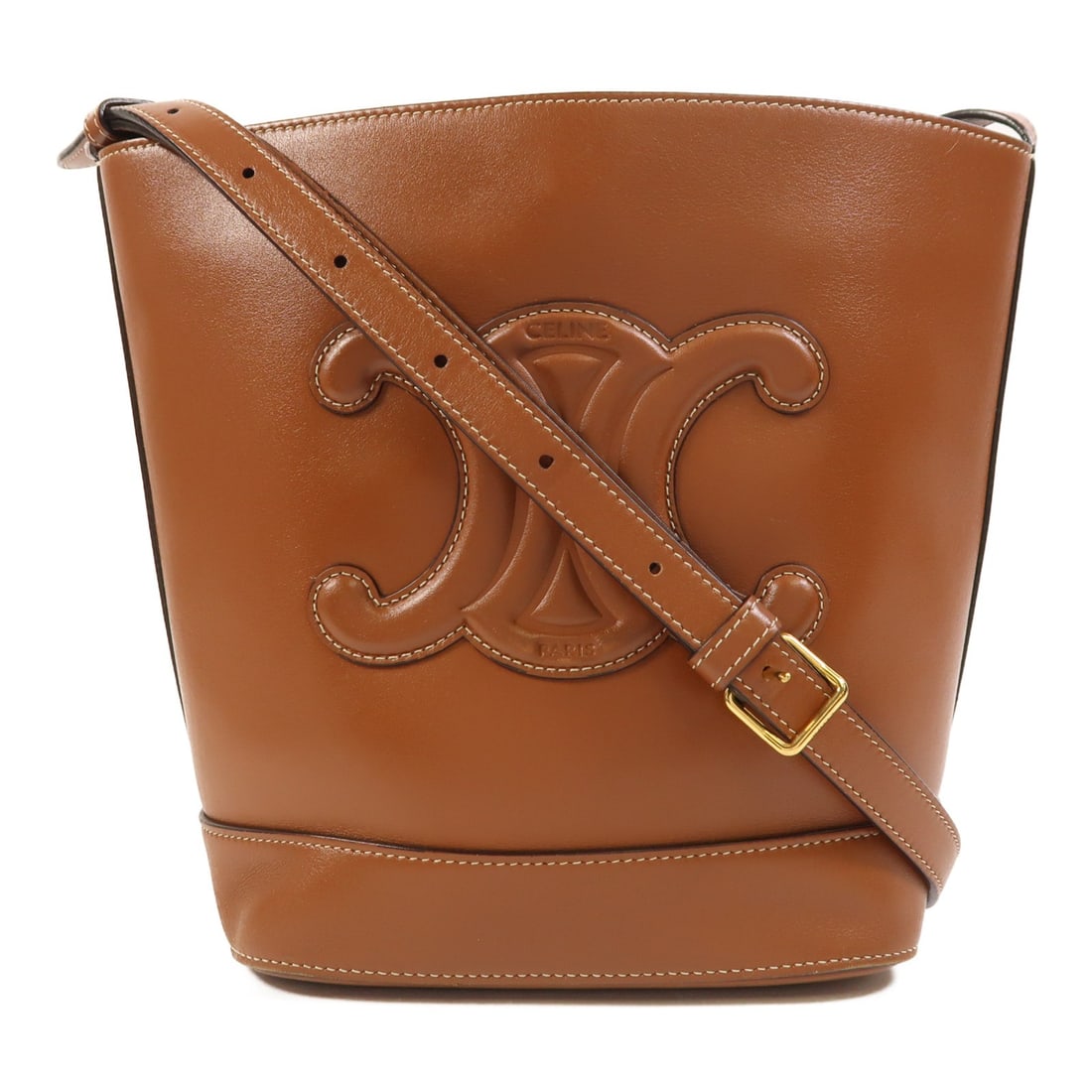 Brown Cuir Triomphe Shoulder Bag by CELINE with Gold Hardware: Brown Cuir Triomphe Shoulder Bag by CELINE with Gold Hardware This CELINE Triomphe shoulder bag features brown calfskin leather and gold tone hardware. Crafted in France, it offers a classic and refin