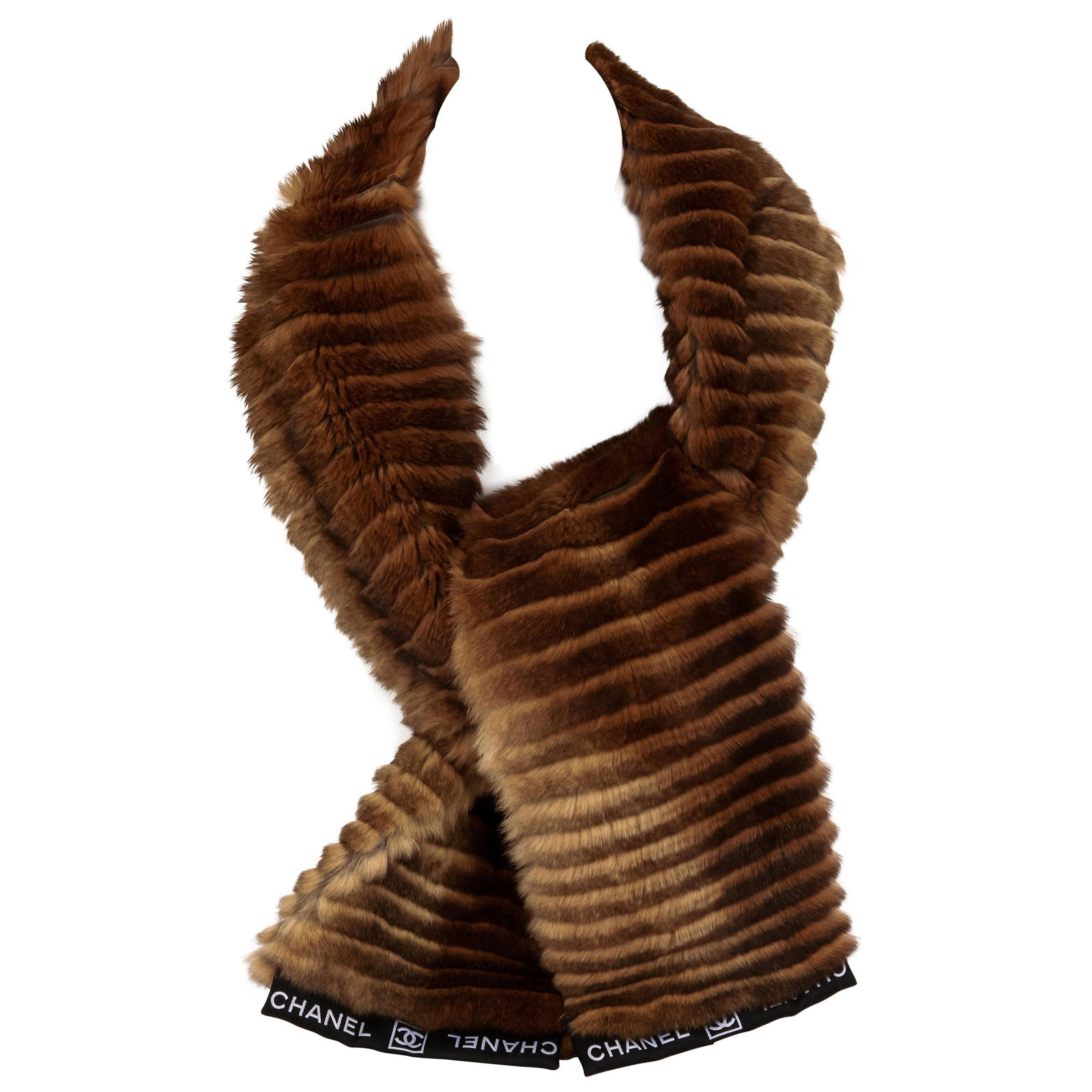 Chanel Brown Orylag Rabbit Fur Scarf with Stripes: Chanel Brown Orylag Rabbit Fur Scarf with Stripes Elevate your style with this exquisite Chanel Brown Orylag Striped Rabbit Fur Scarf. Crafted from luxurious orylag rabbit fur, this designer scarf fea