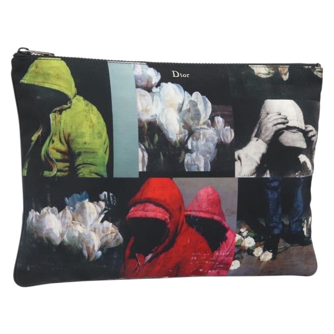 Black Nylon Christian Dior Clutch with Silver Accents Made in Italy: Black Nylon Christian Dior Clutch with Silver Accents Made in Italy This Christian Dior clutch bag is crafted from black nylon with silver-tone accents. The bag features a sleek and minimalist design,