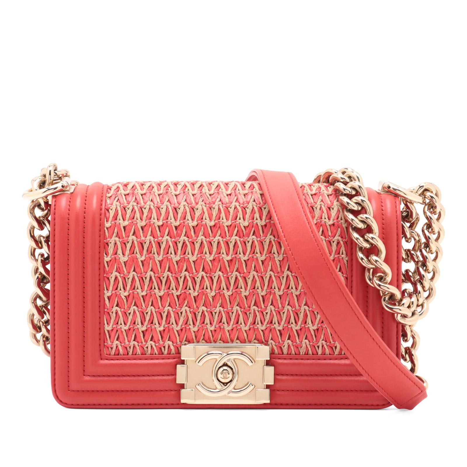 Chanel Boy Flap Small Red Straw and Lambskin Shoulder Bag: Chanel Boy Flap Small Red Straw and Lambskin Shoulder Bag This Chanel Small Boy Flap bag features a woven straw and lambskin leather construction in red. It is designed with a chain link and leather s