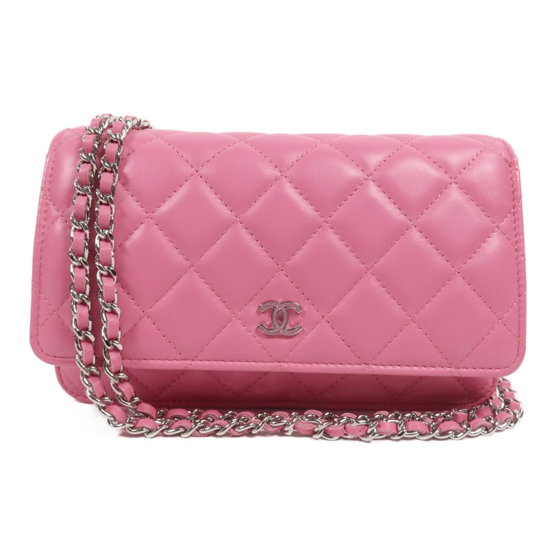 CHANEL Pink Lambskin Wallet On Chain Shoulder Bag SHW: CHANEL Pink Lambskin Wallet On Chain Shoulder Bag SHW This CHANEL Wallet On Chain (WOC) is an elegant shoulder bag crafted from luxurious lambskin leather in a beautiful pink hue. It features a compac