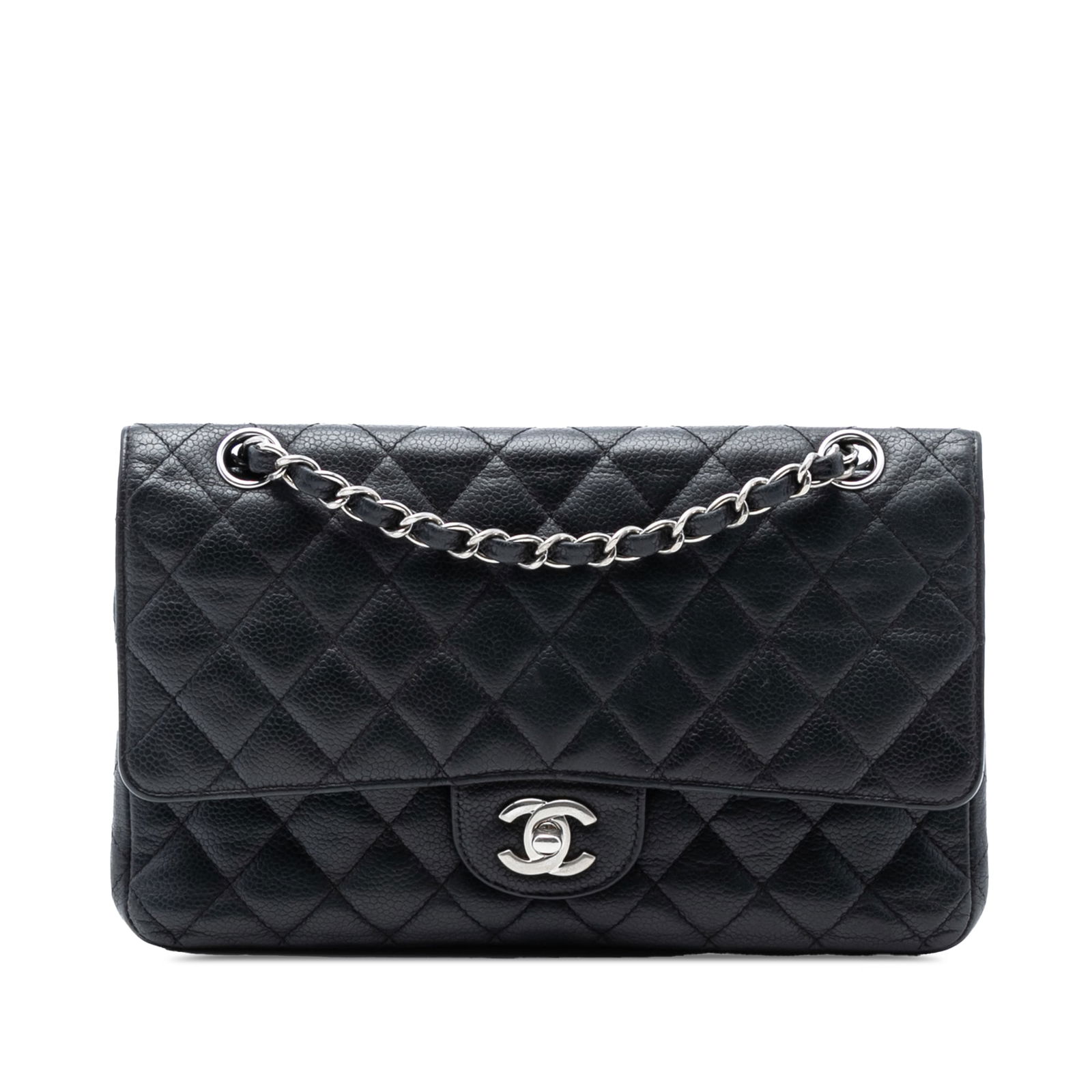 Black Caviar Leather Medium Classic Double Flap Shoulder Bag by Chanel: Black Caviar Leather Medium Classic Double Flap Shoulder Bag by Chanel This Chanel Medium Classic Caviar Double Flap shoulder bag features a quilted caviar leather body in black, leather-woven chain s