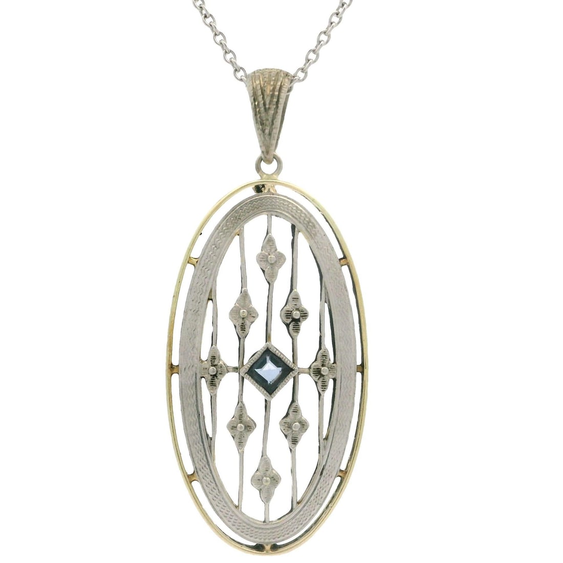 Antique Edwardian 14K Gold & Platinum Blue Stone Pendant Necklace: Antique Edwardian 14K Gold & Platinum Blue Stone Pendant Necklace This exquisite antique Edwardian pendant necklace features a stunning blue stone set in a milgrain bezel. Crafted from solid 14k yello