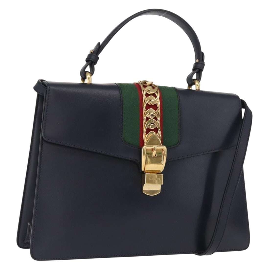 Navy Leather Gucci Sylvie Shoulder and Handbag with Gold Accents 431665: Navy Leather Gucci Sylvie Shoulder and Handbag with Gold Accents 431665 This Gucci Silvi Web Sherry Line handbag features navy leather with gold-tone accents and is designed for versatile use as a han