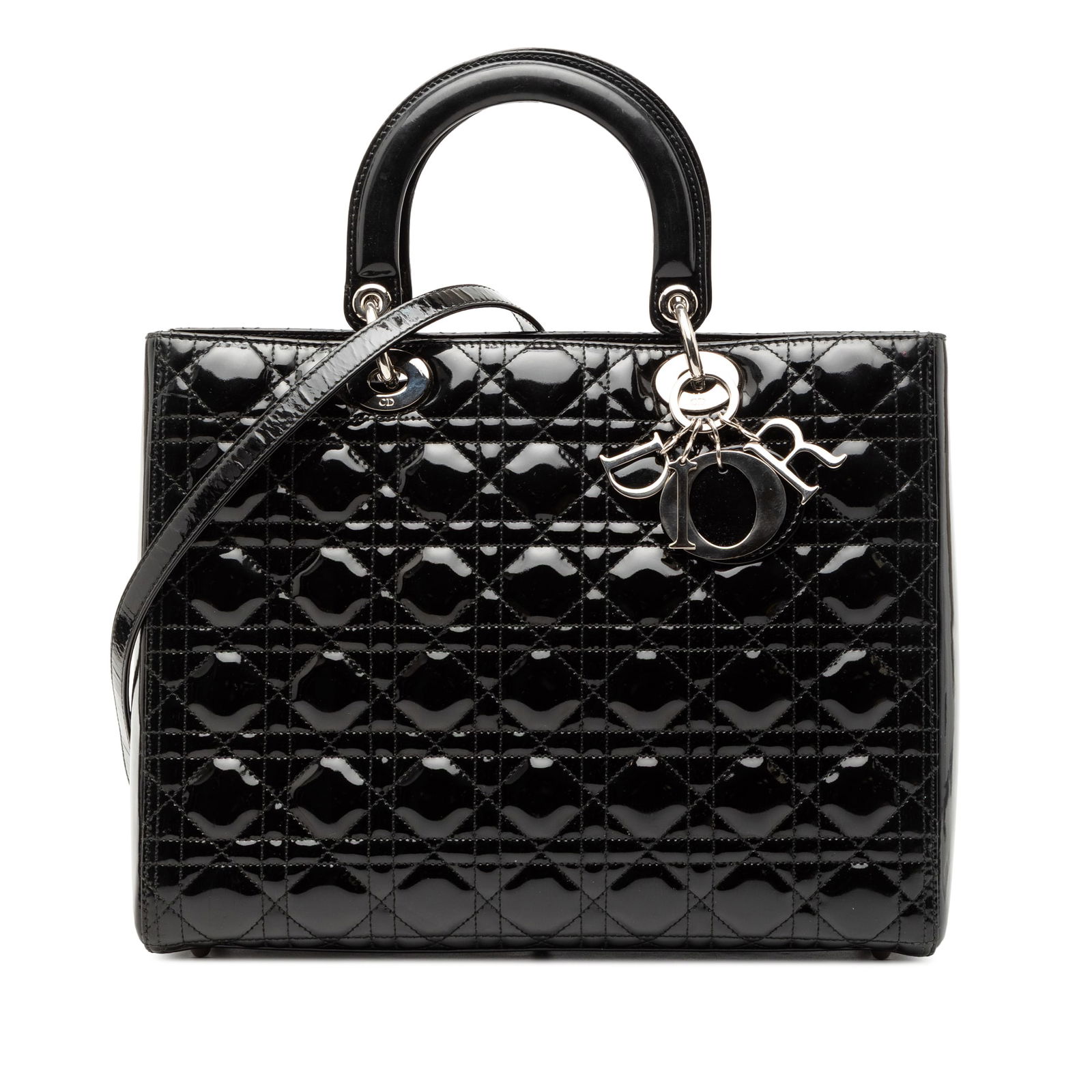 Black Patent Leather Lady Dior Large Cannage Tote with Strap: Black Patent Leather Lady Dior Large Cannage Tote with Strap This Large Patent Cannage Lady Dior bag features a quilted black patent leather body, flat leather top handles, a detachable flat strap, a