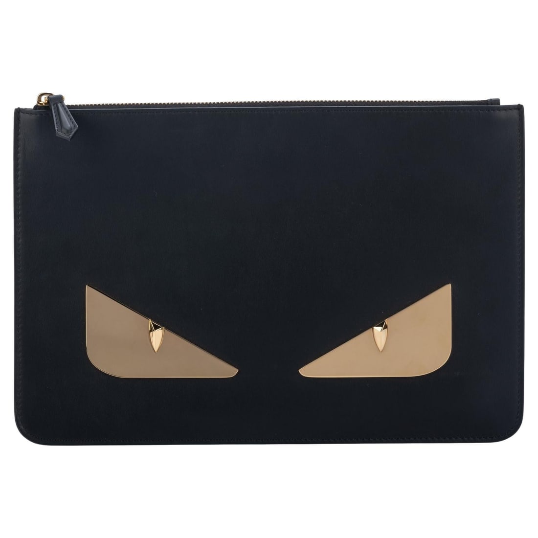 Fendi Limited Edition Black Monster Clutch with Gold Tone Eyes: Fendi Limited Edition Black Monster Clutch with Gold Tone Eyes Introducing the Fendi New Limited Edition Black Monster Clutch, a striking accessory that combines style with playful design. This clutch