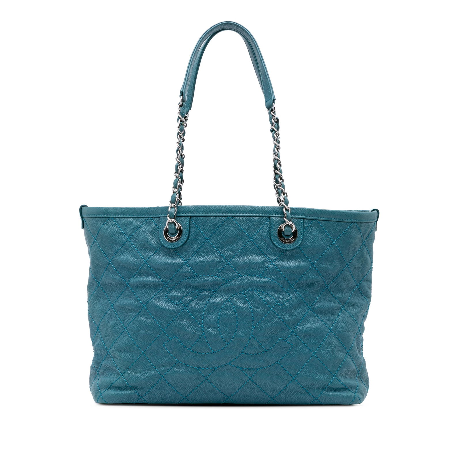 Chanel Small Quilted Caviar Tote Blue Leather Chain Straps: Chanel Small Quilted Caviar Tote Blue Leather Chain Straps Elevate your style with the Chanel Small Quilted Caviar Daily Shopping Tote, crafted from luxurious quilted caviar leather. This chic tote fe