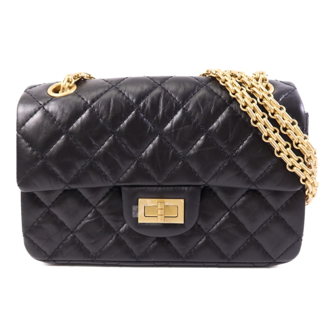 Chanel Mini 2.55 Black Calfskin Shoulder Bag with CC Gold Hardware: Chanel Mini 2.55 Black Calfskin Shoulder Bag with CC Gold Hardware This CHANEL Mini 2.55 shoulder bag features black calfskin leather and gold tone hardware. With a compact design, it offers a stylish