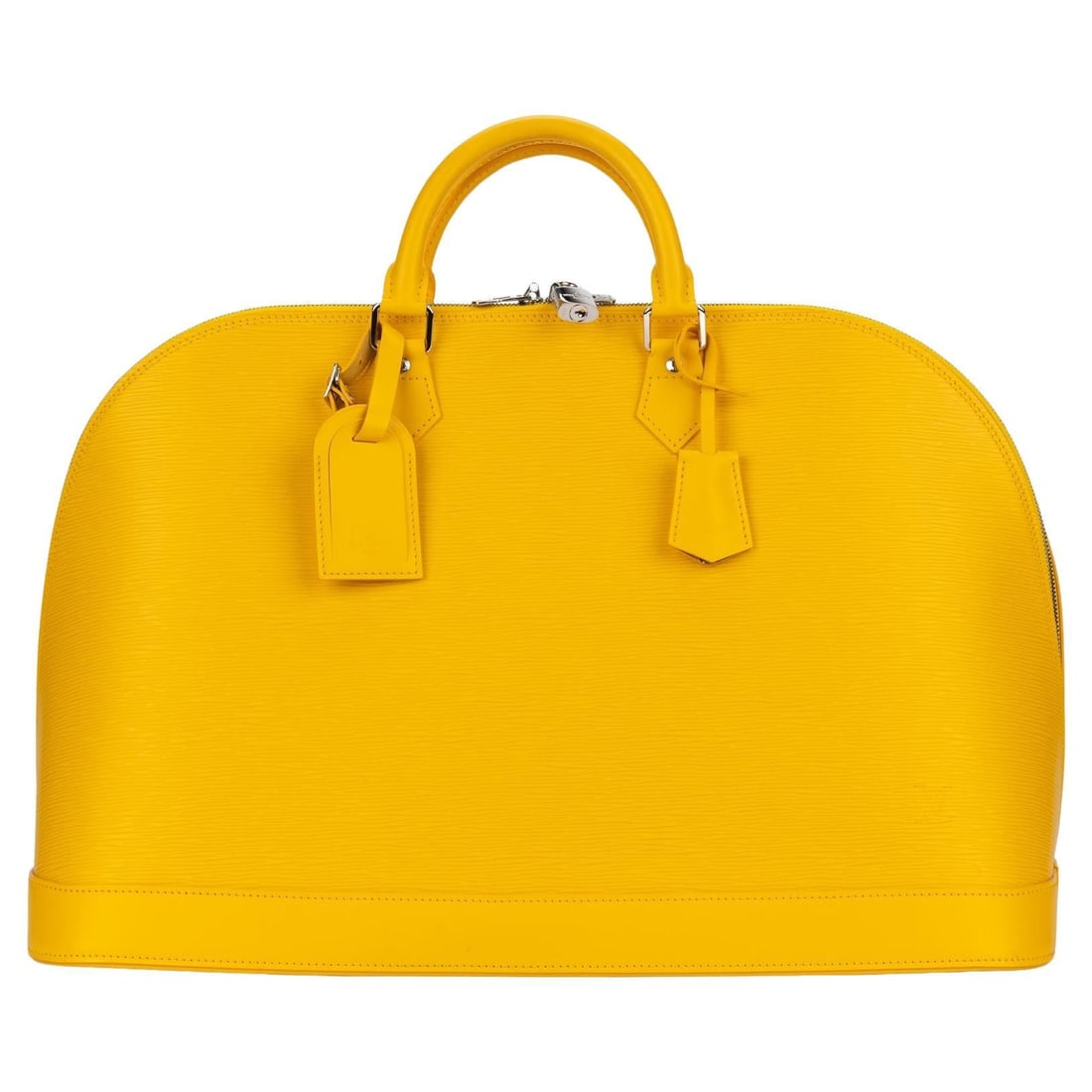 Louis Vuitton Alma XXL Handbag Yellow Epi Leather with Accessories: Louis Vuitton Alma XXL Handbag Yellow Epi Leather with Accessories This stunning Louis Vuitton Alma Handbag is crafted from vibrant yellow Epi leather, showcasing a rare and collectible XXL size. With