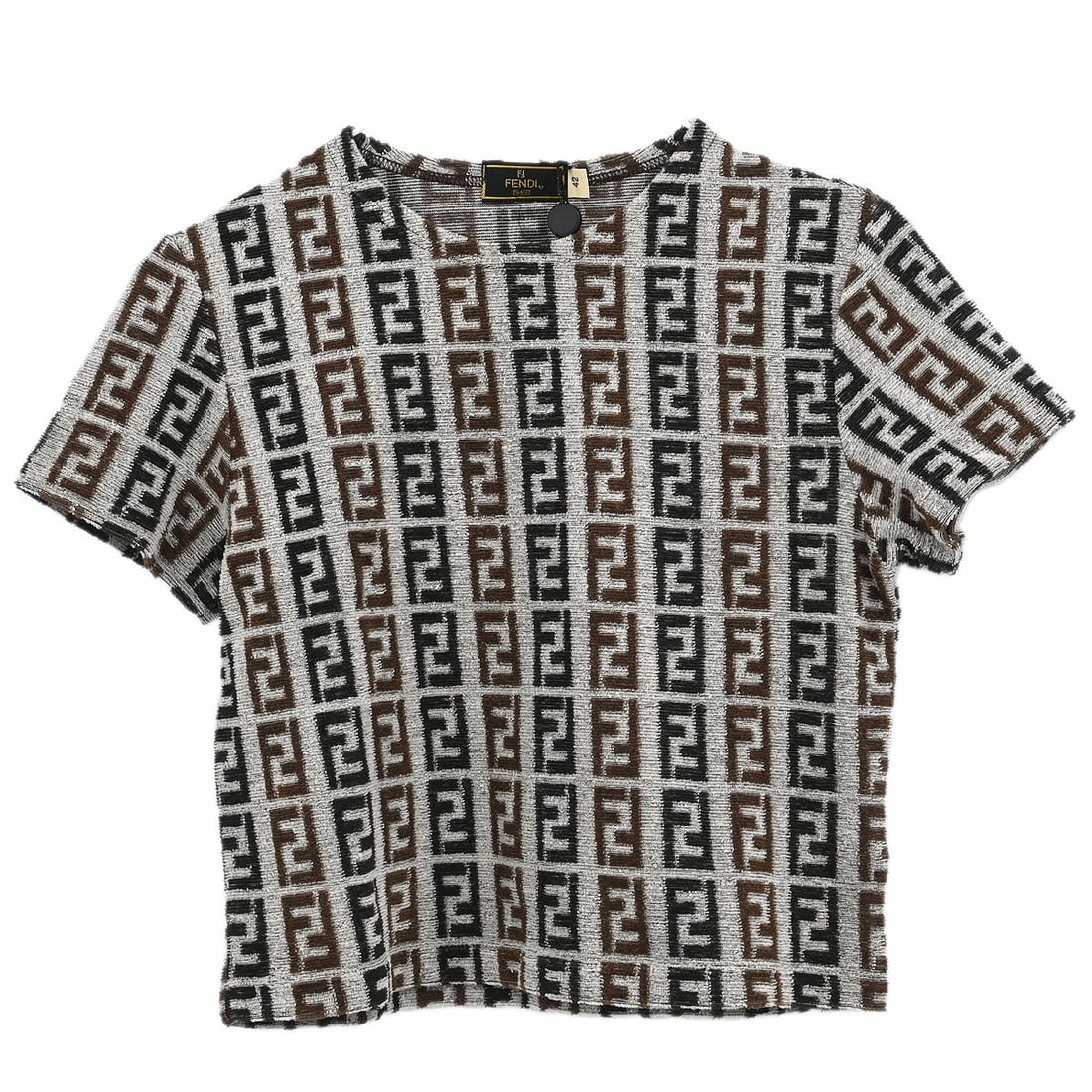 Fendi Zucca Gray Short Sleeve Top with Logo #42: Fendi Zucca Gray Short Sleeve Top with Logo #42 This Fendi short sleeve top is a stylish addition to your casual wardrobe. Featuring a round neckline and a regular fit, it is perfect for spring and su