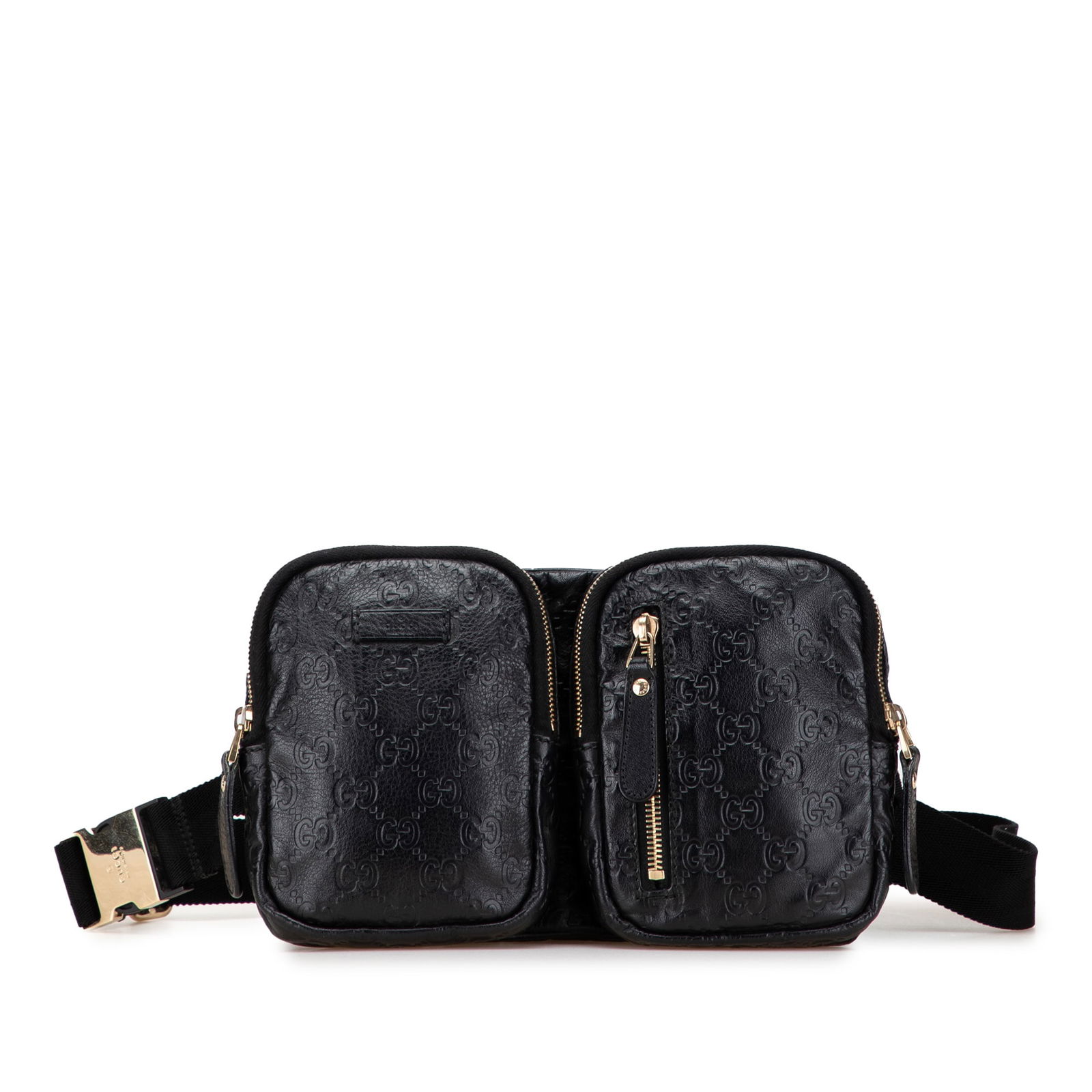 Gucci Guccissima Black Leather Belt Bag with Zip Pockets: Gucci Guccissima Black Leather Belt Bag with Zip Pockets The Guccissima Belt Bag showcases a sleek design crafted from embossed leather, featuring a top zip closure for secure storage. It includes bot