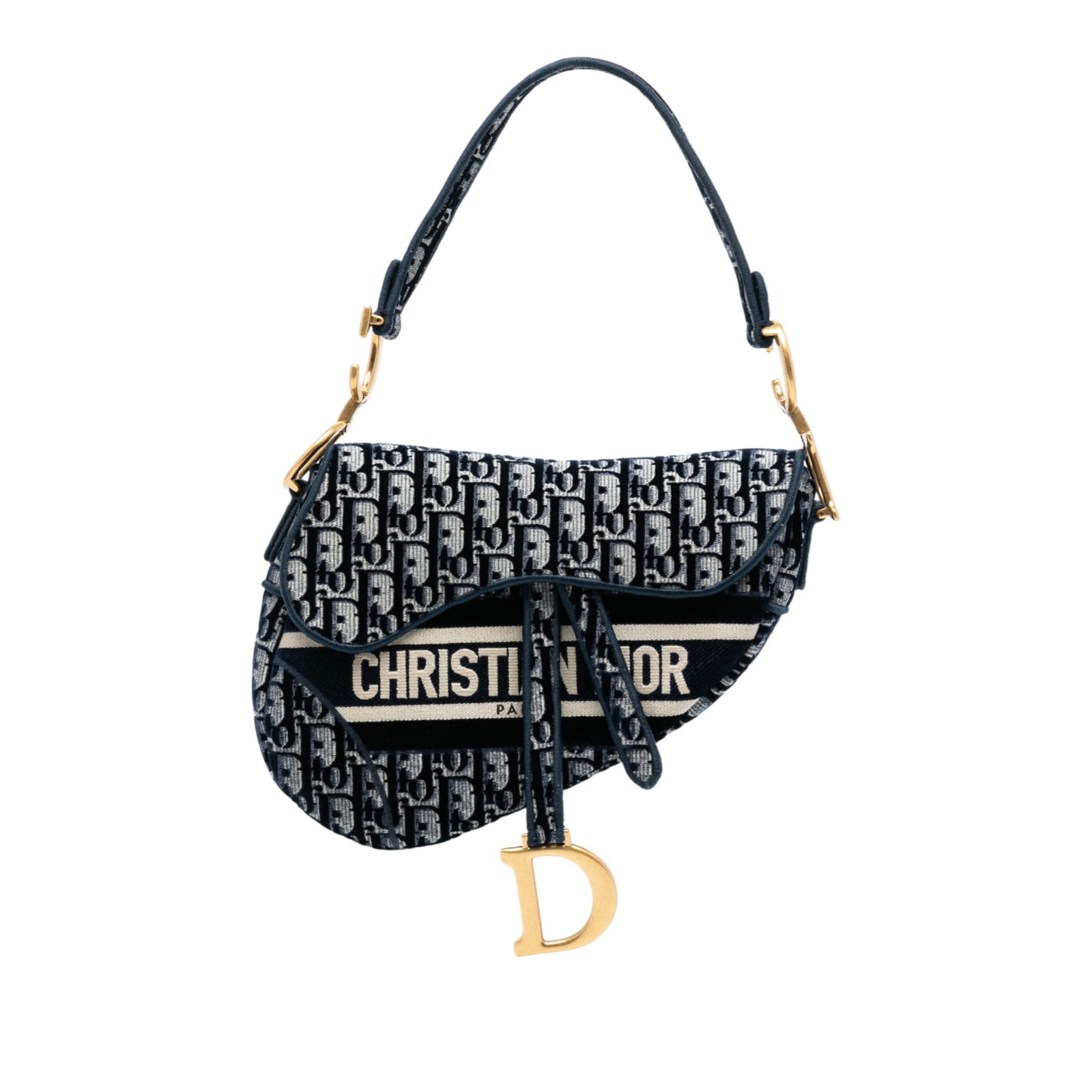 Blue Dior Saddle Bag in Oblique Embroidered Velvet: Blue Dior Saddle Bag in Oblique Embroidered Velvet This Dior Oblique Saddle Bag features an embroidered velvet body in blue, complemented by a flat handle, flap closure, an exterior back slip pocket,