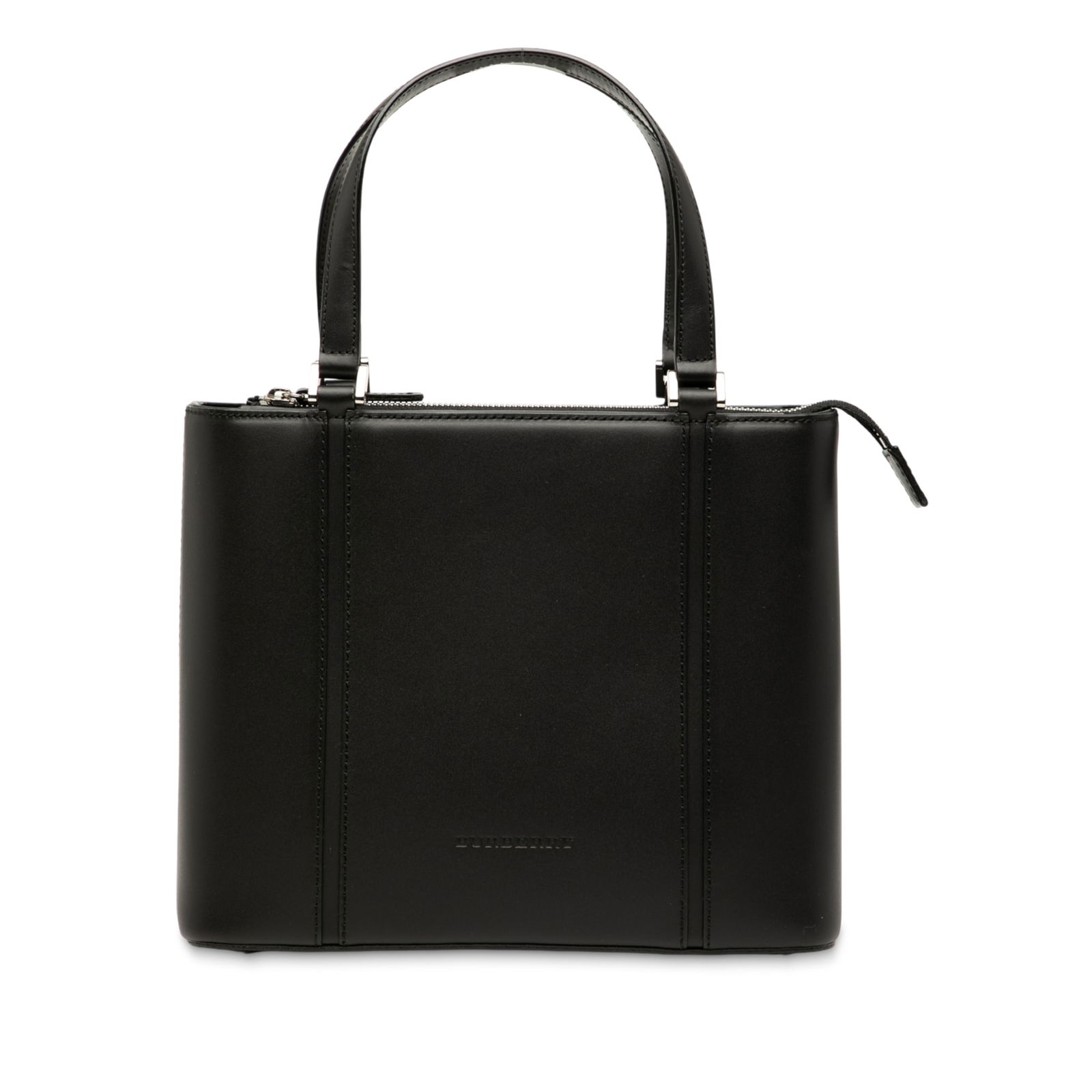 Burberry Black Leather Handbag with Top Zip Closure: Burberry Black Leather Handbag with Top Zip Closure This elegant Burberry Leather Handbag showcases a sophisticated leather body complemented by flat leather handles and a secure top zip closure. The