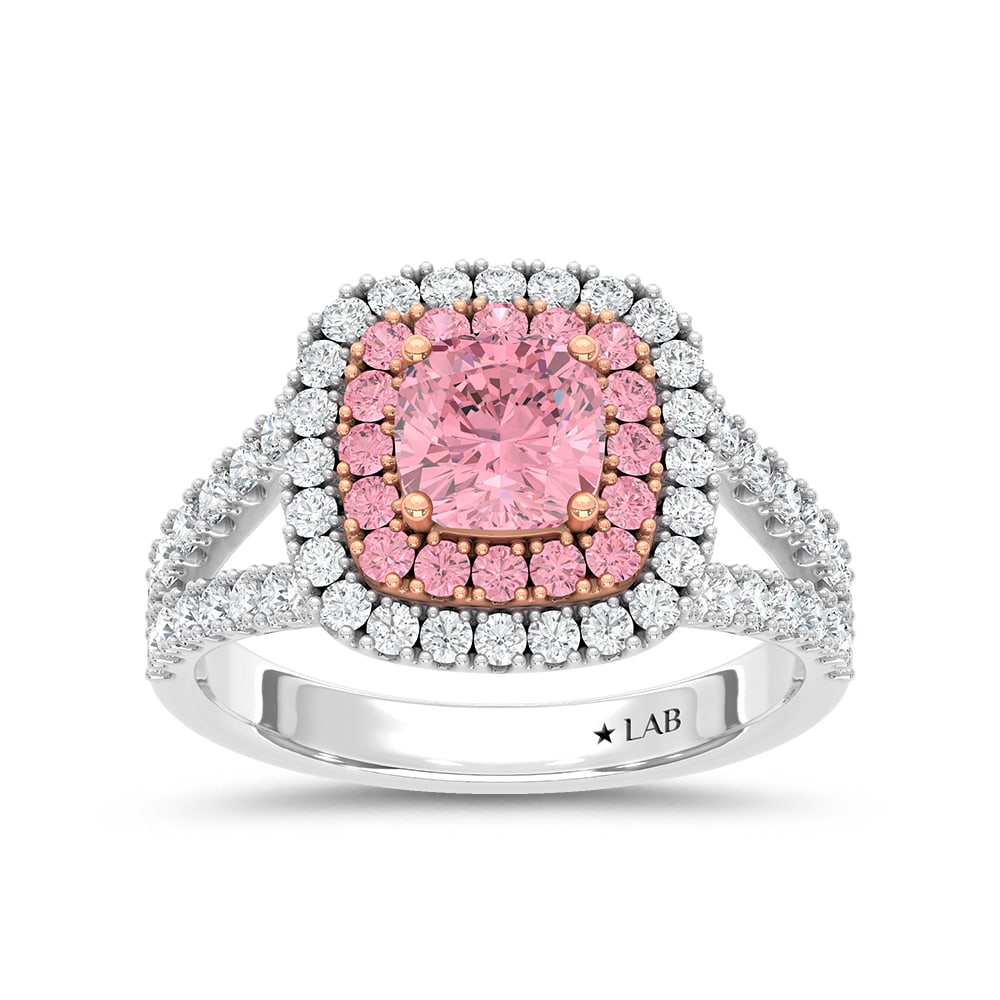 14K Two Tone Lab Grown Diamond 2 1/2 Ct.Tw. Pink Cushion Engagement Ring (Center 1 1/2ct): 14K Two Tone Lab Grown Diamond 2 1/2 Ct.Tw. Pink Cushion Engagement Ring (Center 1 1/2ct) Exude elegance with this 14K Two-Tone Gold Engagement Ring, featuring a 1 1/2-carat lab-grown pink cushion sha