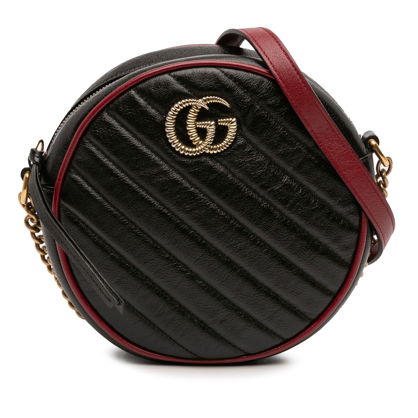 Gucci Mini GG Marmont Black Leather Crossbody Bag: Gucci Mini GG Marmont Black Leather Crossbody Bag Elevate your accessory collection with the Gucci Mini GG Marmont Matelasse Leather Torchon Round Crossbody bag. This stylish piece features a luxuriou