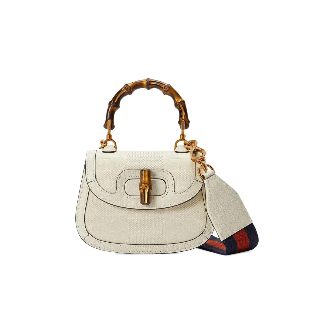White Canvas Bamboo Mini Bag by Gucci Italy: White Canvas Bamboo Mini Bag by Gucci Italy This Gucci Bamboo model features a white canvas exterior and is designed for unisex use. Crafted in Italy, it showcases the brand's signature style and atte