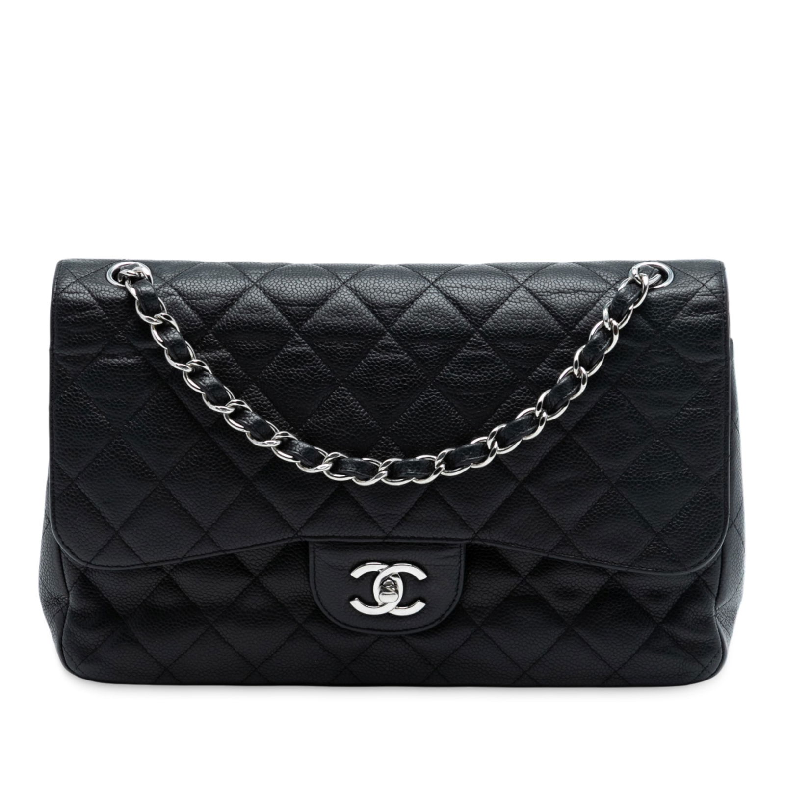 Chanel Black Quilted Caviar Leather Jumbo Double Flap Shoulder Bag: Chanel Black Quilted Caviar Leather Jumbo Double Flap Shoulder Bag This Chanel Jumbo Classic Caviar Double Flap shoulder bag features a quilted caviar leather exterior in black, complemented by leathe