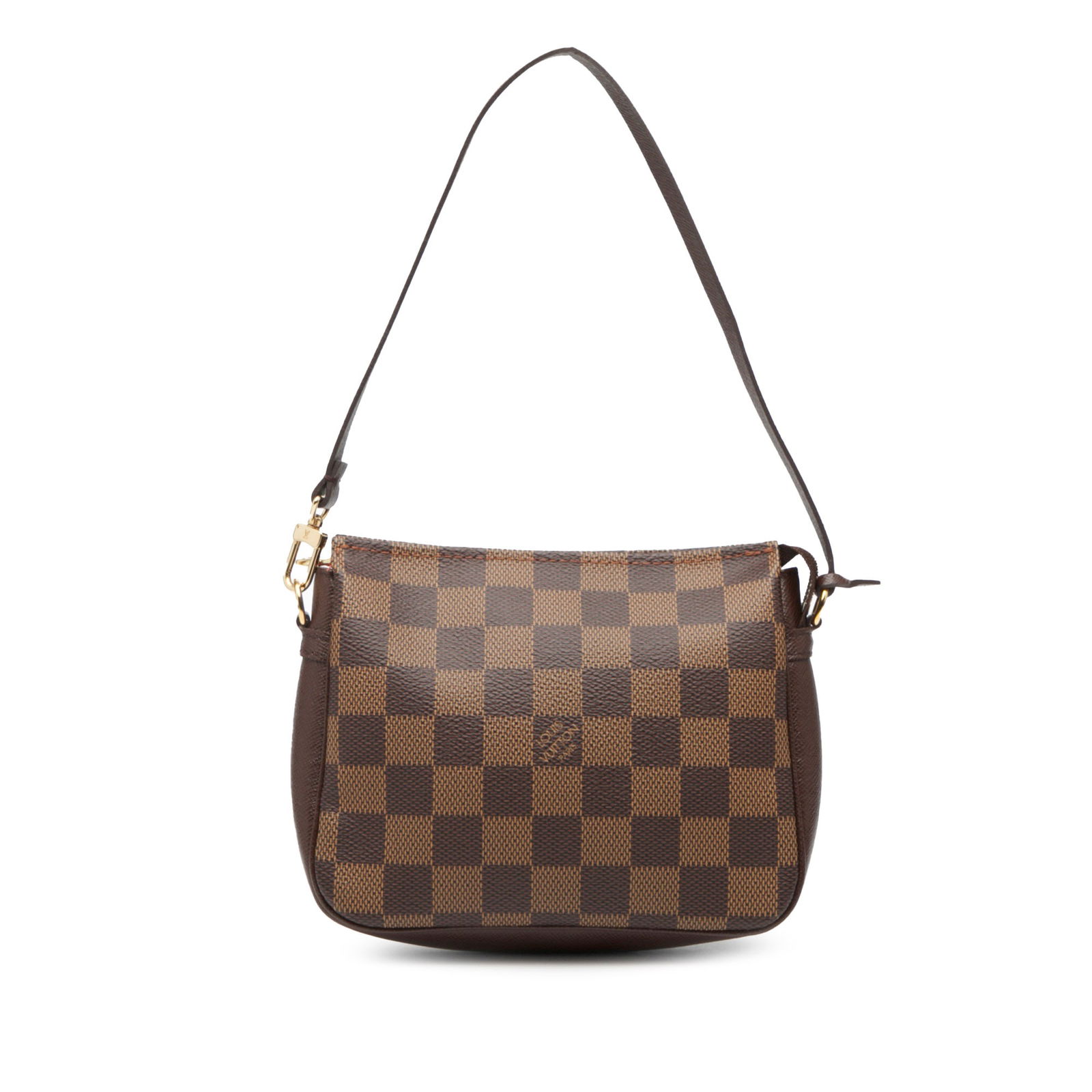 Damier Ebene Canvas Trousse Pochette Bag by Louis Vuitton: Damier Ebene Canvas Trousse Pochette Bag by Louis Vuitton This Louis Vuitton Damier Ebene Trousse Pochette features the signature Damier Ebene canvas with leather trim, a detachable flat leather handl