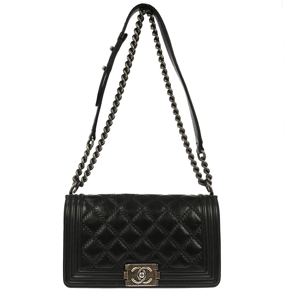 Chanel Boy Medium Black Quilted Leather Shoulder Bag with Silver Chain Strap (1 of 10)