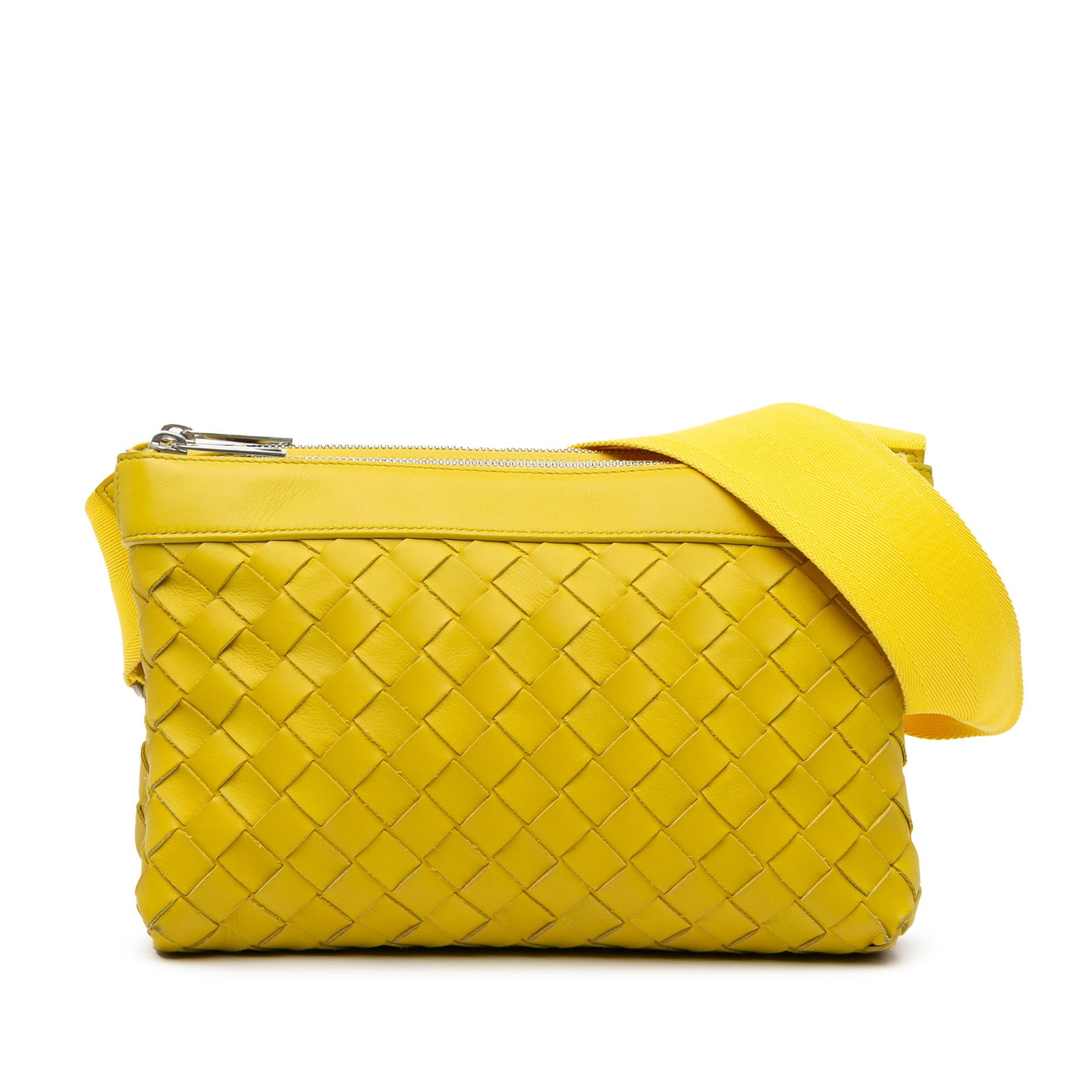 Bottega Veneta Nappa Intrecciato Duo Yellow Crossbody Bag: Bottega Veneta Nappa Intrecciato Duo Yellow Crossbody Bag Elevate your style with the Bottega Veneta Nappa Intrecciato Duo Crossbody bag. This exquisite accessory showcases a beautifully woven leather