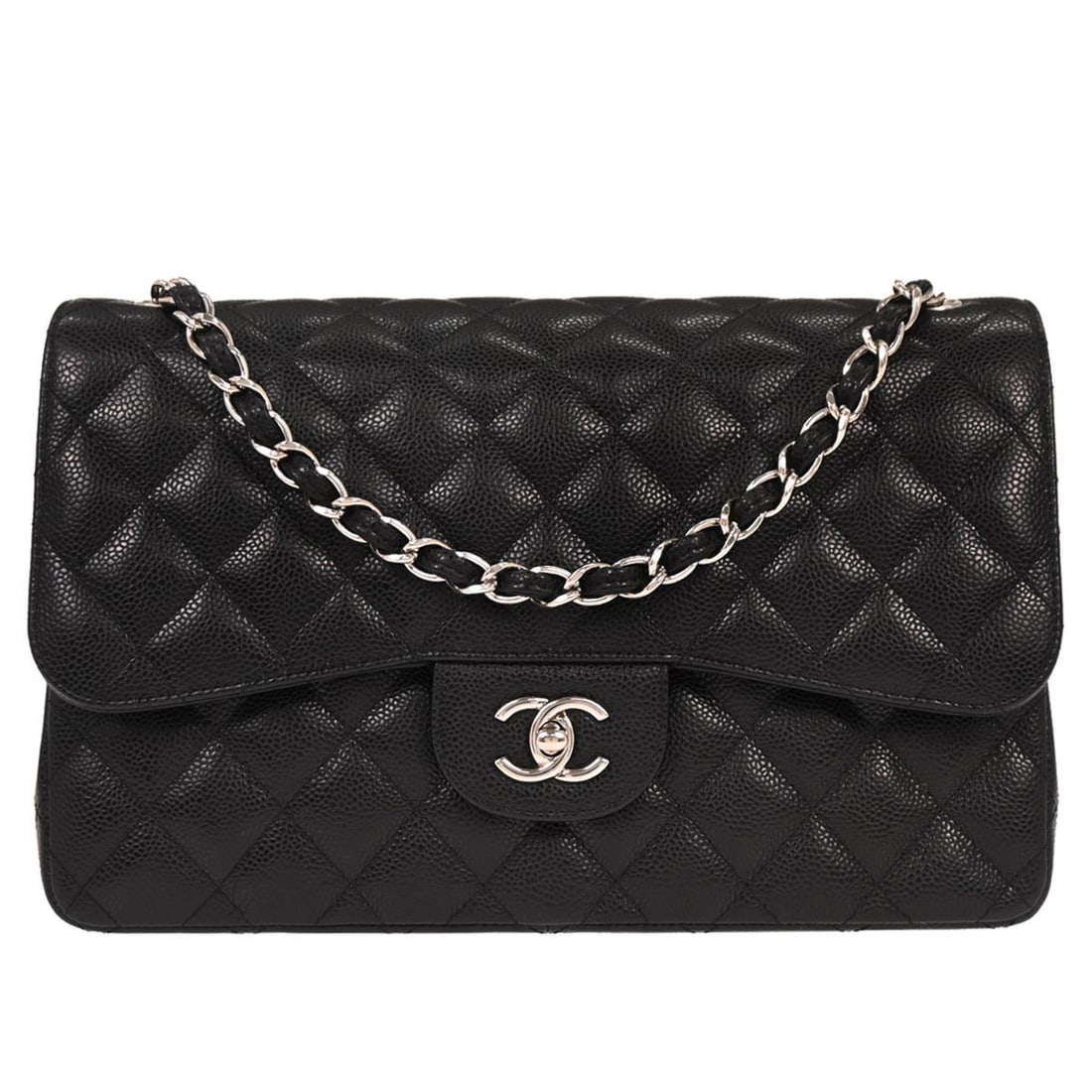 Chanel Jumbo Classic Double Flap Black Caviar Leather Shoulder Bag: Chanel Jumbo Classic Double Flap Black Caviar Leather Shoulder Bag This Chanel Classic Double Flap shoulder bag is crafted from black caviar skin leather with a signature matelasse pattern. It feature