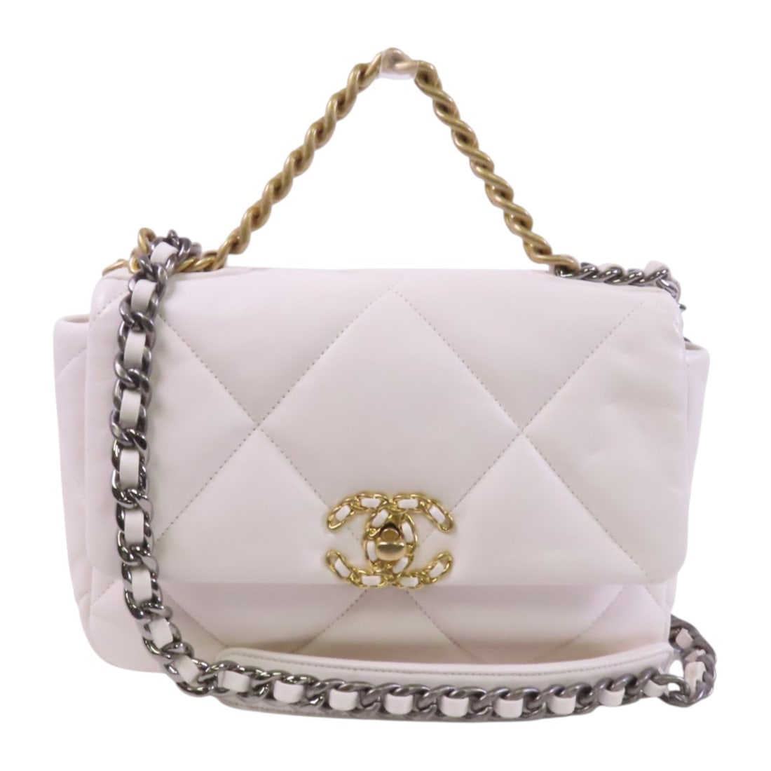 CHANEL 19 Small White Lambskin Chain Shoulder Bag GHW: CHANEL 19 Small White Lambskin Chain Shoulder Bag GHW This elegant CHANEL 19 Small Chain Hand Shoulder Bag is crafted from luxurious lambskin leather in a pristine white color. Designed for versatilit