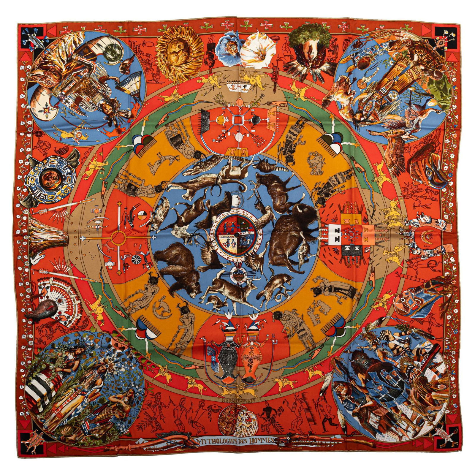 Hermes Kermit Oliver Mythologies Silk Scarf 35in x 35in France: Hermes Kermit Oliver Mythologies Silk Scarf 35in x 35in France This exquisite Hermes Collectible Mythologies Scarf features a stunning design by Kermit Oliver, showcasing the rich artistry for which H