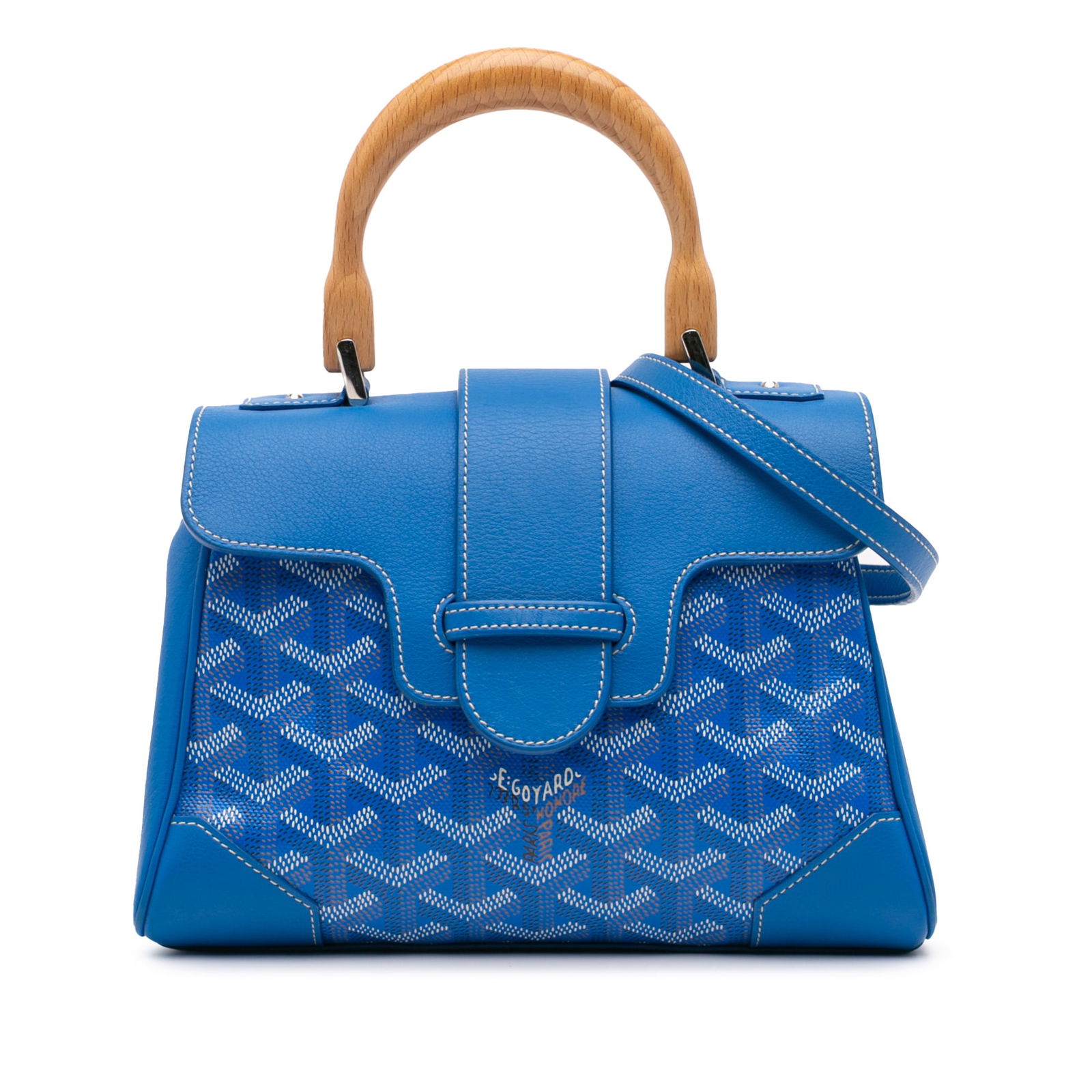 Goyard Mini Goyardine Saigon Souple Blue Bag with Leather Trim: Goyard Mini Goyardine Saigon Souple Blue Bag with Leather Trim Introducing the Mini Goyardine Saigon Souple, a stylish and functional bag crafted from durable coated canvas with elegant leather trim.