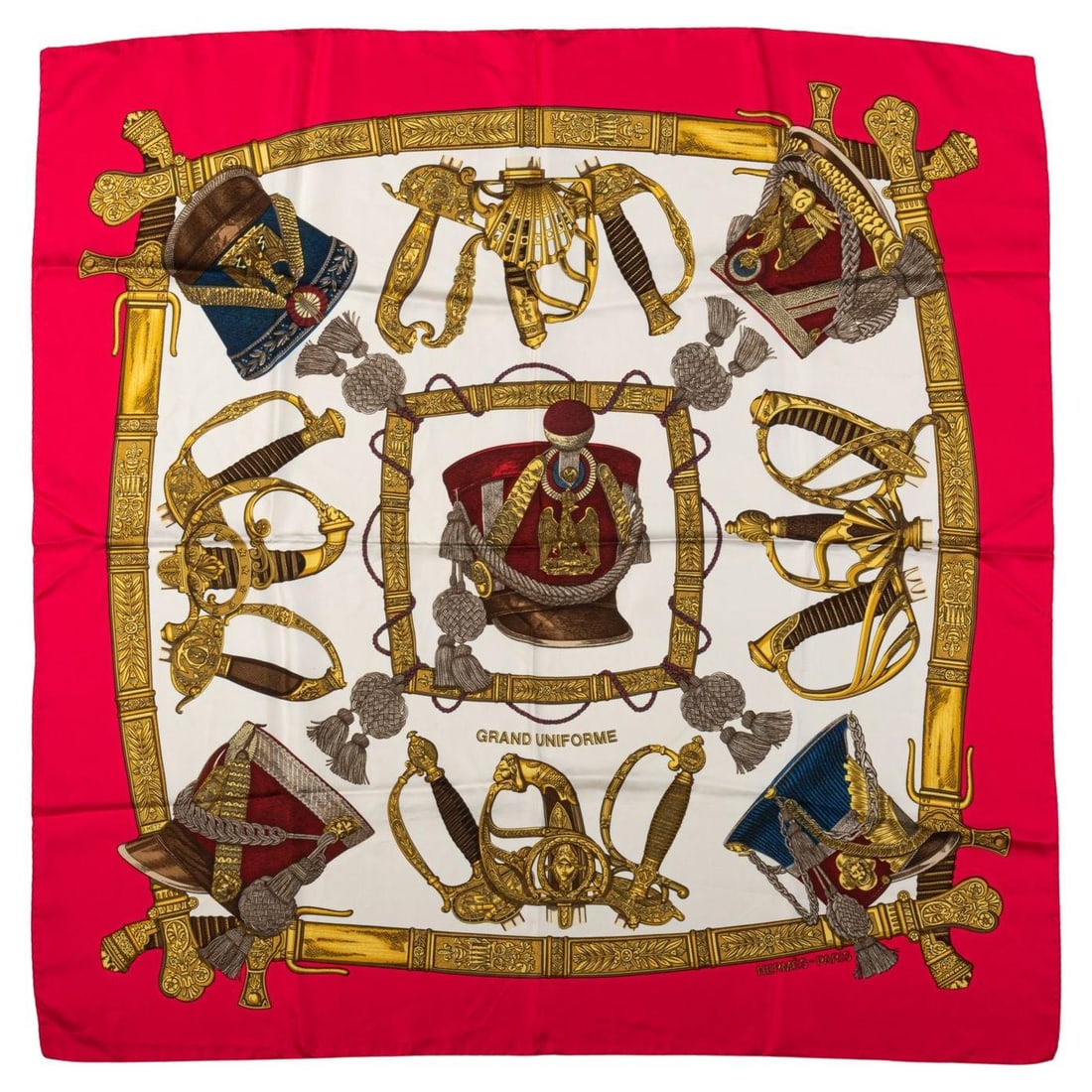 Hermes Grand Uniforme Red Silk Scarf by Metz 35 in France: Hermes Grand Uniforme Red Silk Scarf by Metz 35 in France Elevate your accessory collection with this exquisite Hermes Grand Uniforme scarf in a striking vibrant red. Crafted from luxurious silk twill