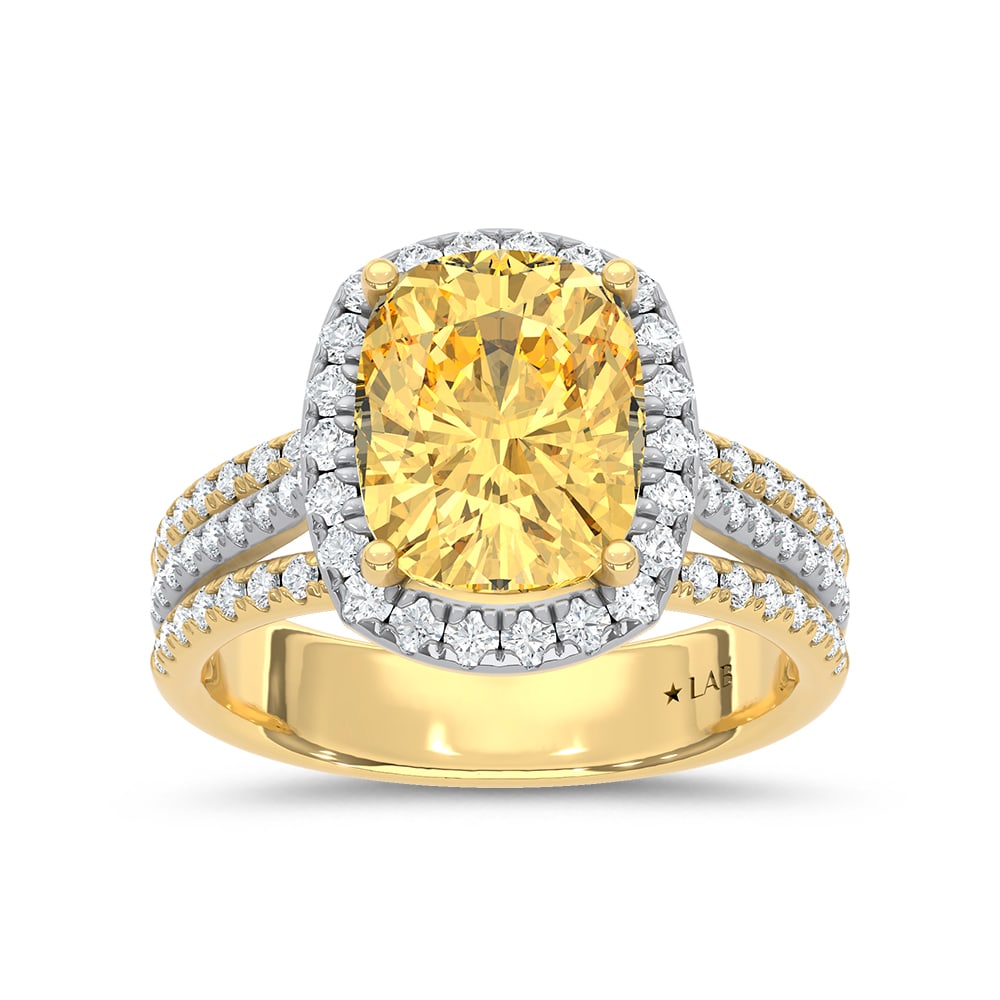 14K Two Tone Gold Lab Grown Diamond 5 3/4 Ct.Tw. Yellow Cushion Engagement Ring (Center 5ct): 14K Two Tone Gold Lab Grown Diamond 5 3/4 Ct.Tw. Yellow Cushion Engagement Ring (Center 5ct) Make a bold statement with this 14K Two-Tone Gold Engagement Ring, featuring a magnificent 5-carat lab-grow