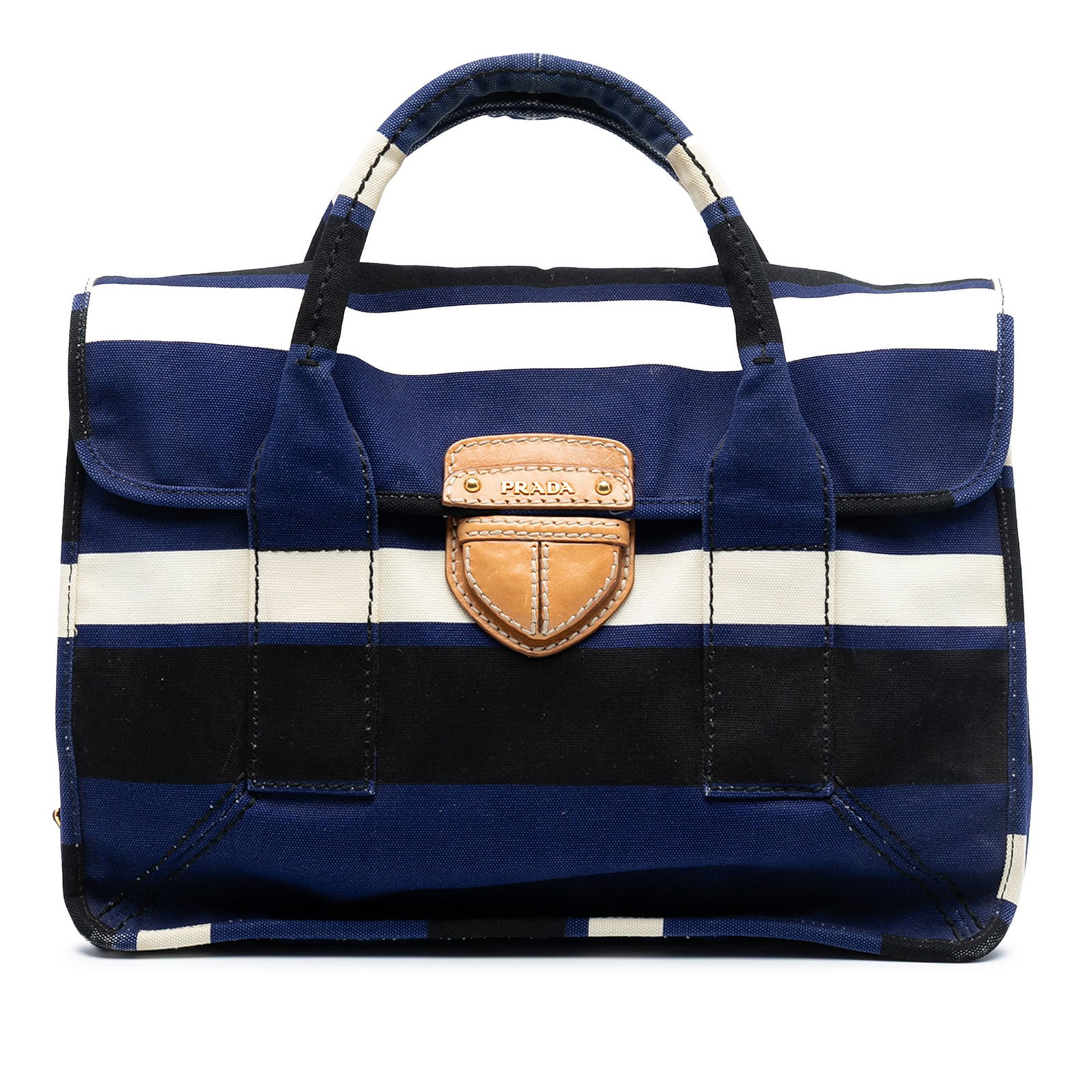 Prada Canapa Pattina Blue Canvas Satchel with Top Flap Closure: Prada Canapa Pattina Blue Canvas Satchel with Top Flap Closure This Prada Canvas Canapa Pattina Satchel features a blue fabric exterior with rolled handles and a top flap secured by a push lock closur