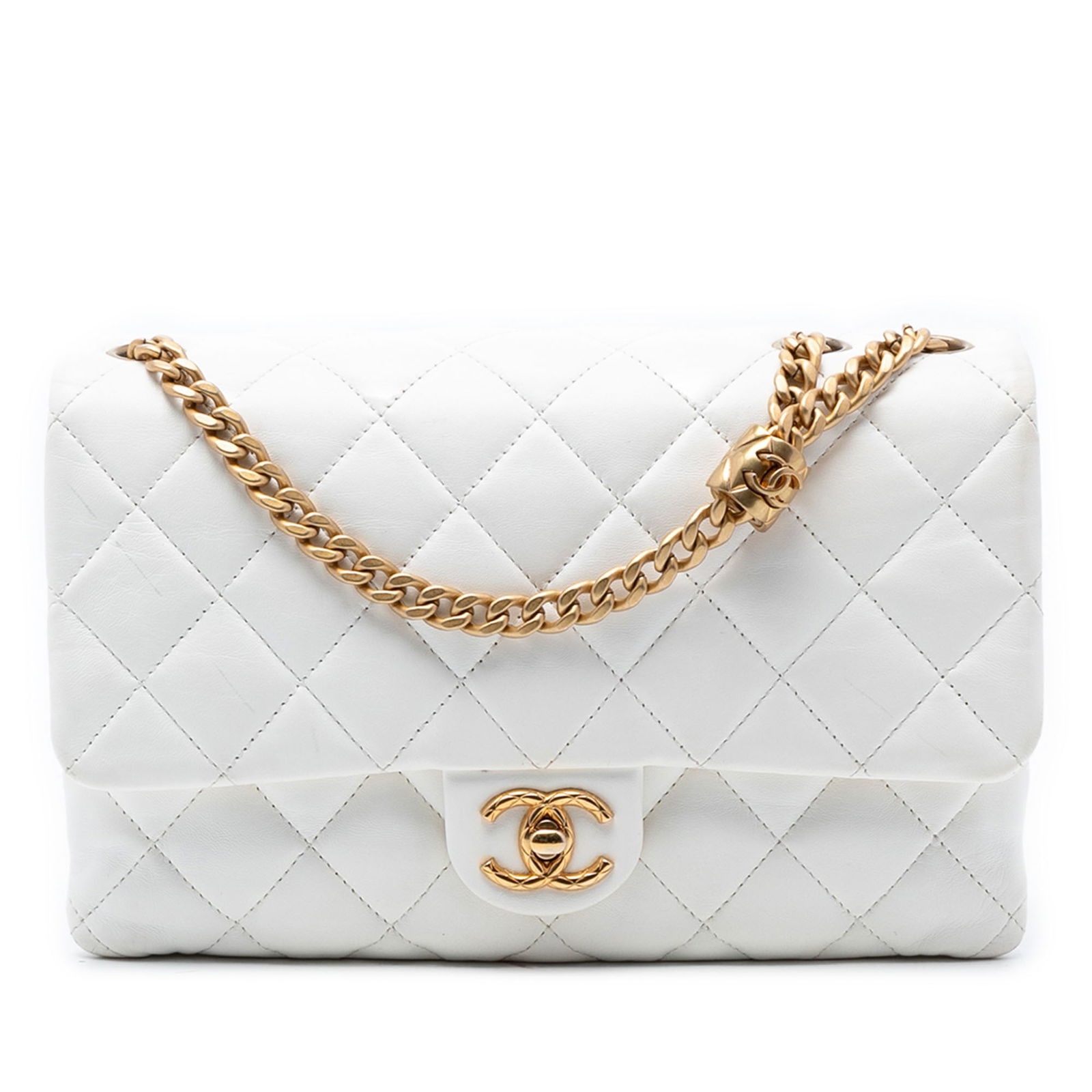 White Chanel Lambskin Crossbody Bag with Quilted Flap and CC Turn-Lock: White Chanel Lambskin Crossbody Bag with Quilted Flap and CC Turn-Lock This Chanel Medium Quilted Lambskin CC Single Flap crossbody bag features a luxurious white lambskin leather exterior with a sign