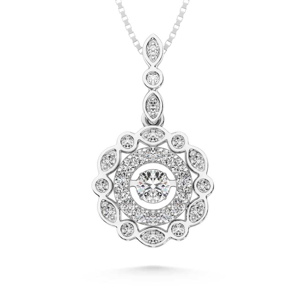 10K White Gold 2/5 Ct.tw Diamond Fashion Pendant: 10K White Gold 2/5 Ct.tw Diamond Fashion Pendant This glamorous pendant is available in 10K White Gold. There are 30 round diamonds with a total carat weight of 2/5 Ct.Tw. set in a bezel / prong / sha