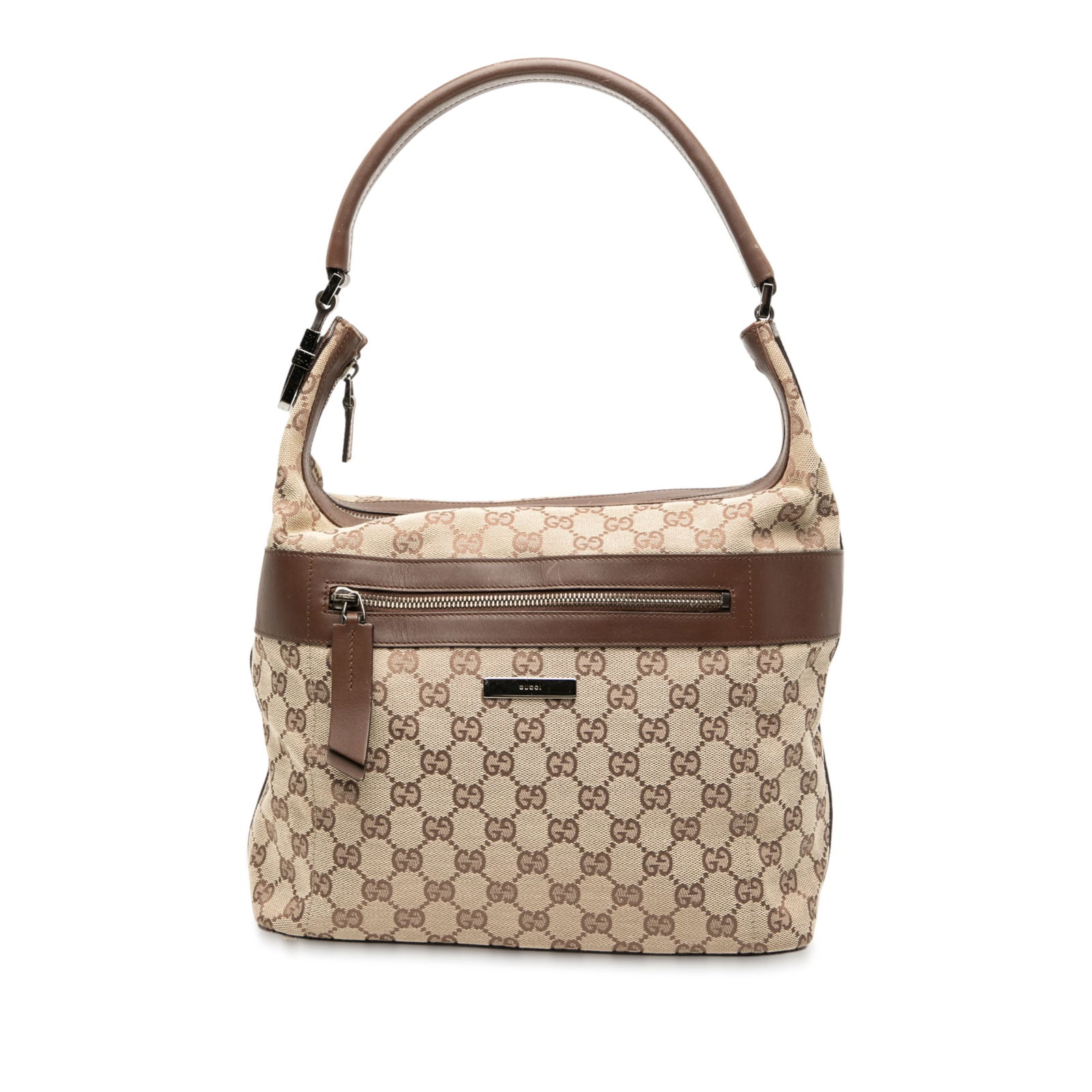 Brown Gucci GG Canvas Shoulder Bag with Leather Strap and Zip Pockets: Brown Gucci GG Canvas Shoulder Bag with Leather Strap and Zip Pockets This Gucci GG Canvas Shoulder Bag features a durable canvas body with a flat leather strap, a top zip closure, an exterior front z