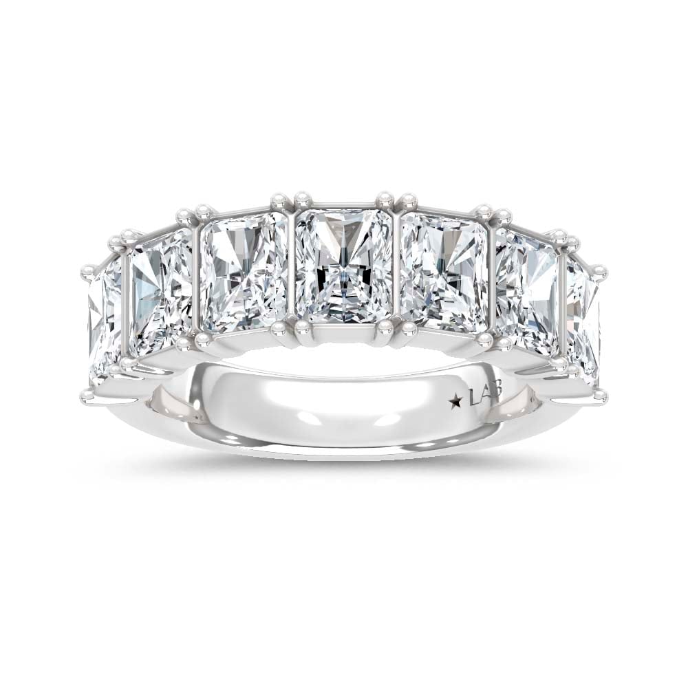 14K White Gold Lab Grown Diamond Radiant Cut Shape 3 1/2 Ct.Tw. Half Way Band: 14K White Gold Lab Grown Diamond Radiant Cut Shape 3 1/2 Ct.Tw. Half Way Band This stunning 14K White Gold Band, featuring 3 1/2 Ct.Tw. of Radiant Cut Lab Grown Diamonds, is the epitome of modern luxu