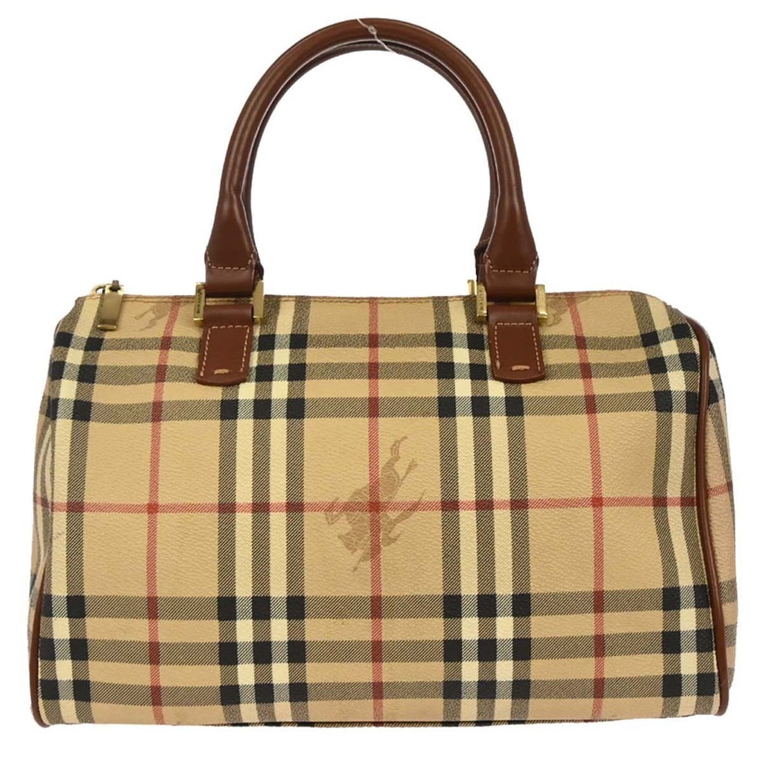 Burberry Check Pattern Medium Duffle Bag in Beige and Brown Leather PVC: Burberry Check Pattern Medium Duffle Bag in Beige and Brown Leather PVC This Burberry duffle handbag features the iconic beige and brown house check pattern. Crafted from leather and PVC with brown do