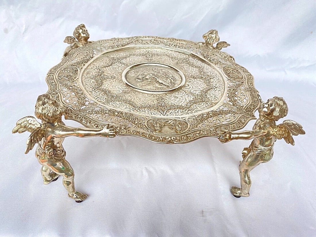 Circa 1900 German 800 Silver Cherub Plate Stand Signed (1 of 11)
