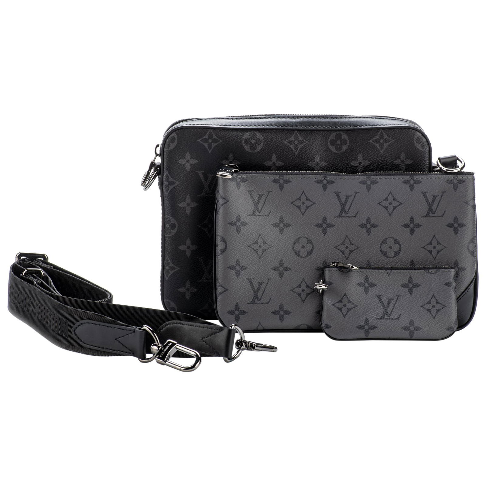 Louis Vuitton Multi Pochette Black Gray Bag with Detachable Parts: Louis Vuitton Multi Pochette Black Gray Bag with Detachable Parts Experience the luxury of the Louis Vuitton Multi Pochette, designed for the modern gentleman. This stylish bag features a striking bla