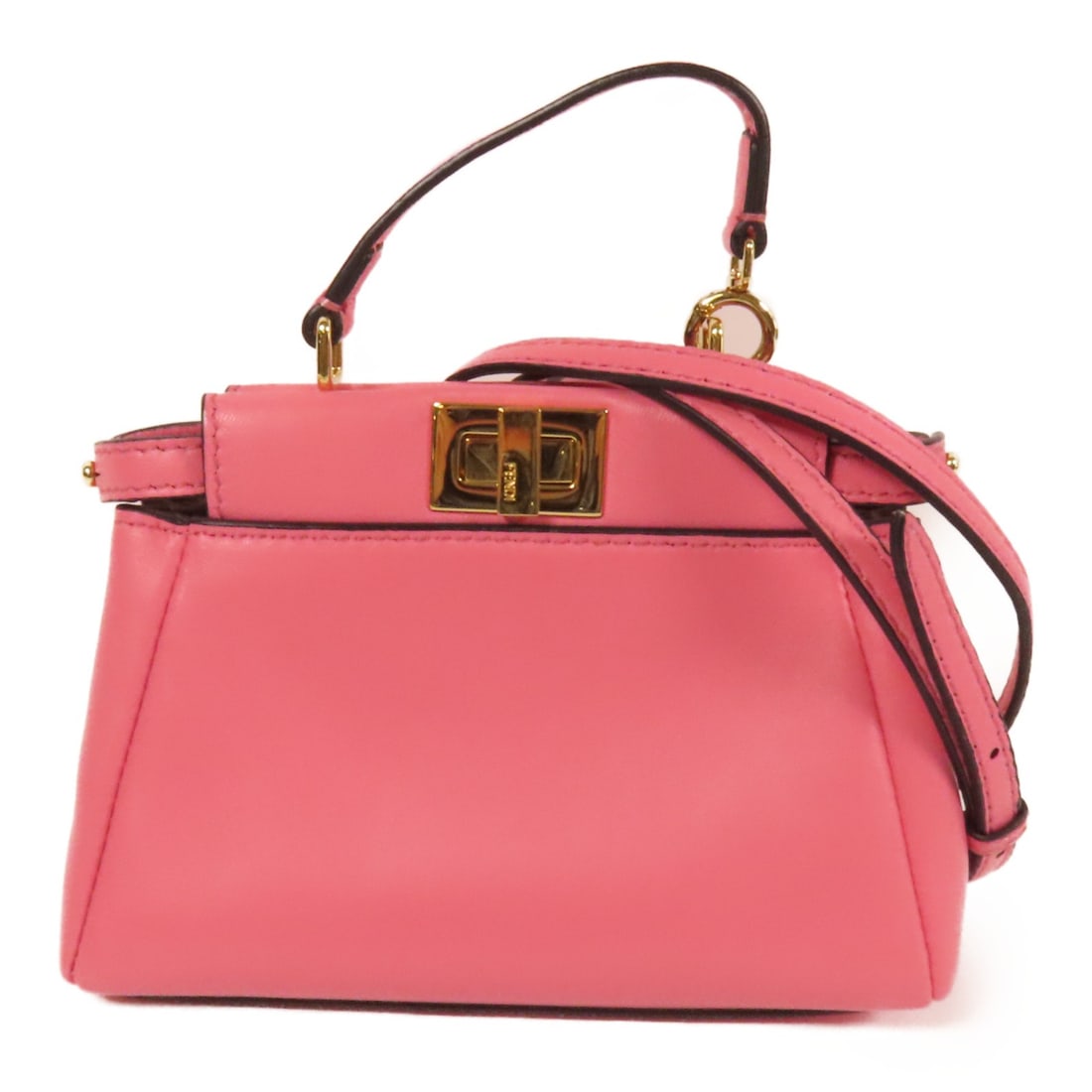 FENDI Micro Peekaboo 2way Shoulder Bag Pink Calfskin Leather: FENDI Micro Peekaboo 2way Shoulder Bag Pink Calfskin Leather Introducing the Fendi Micro Peekaboo 2-way Shoulder Bag, a stunning accessory crafted from premium calfskin leather in a vibrant pink hue.