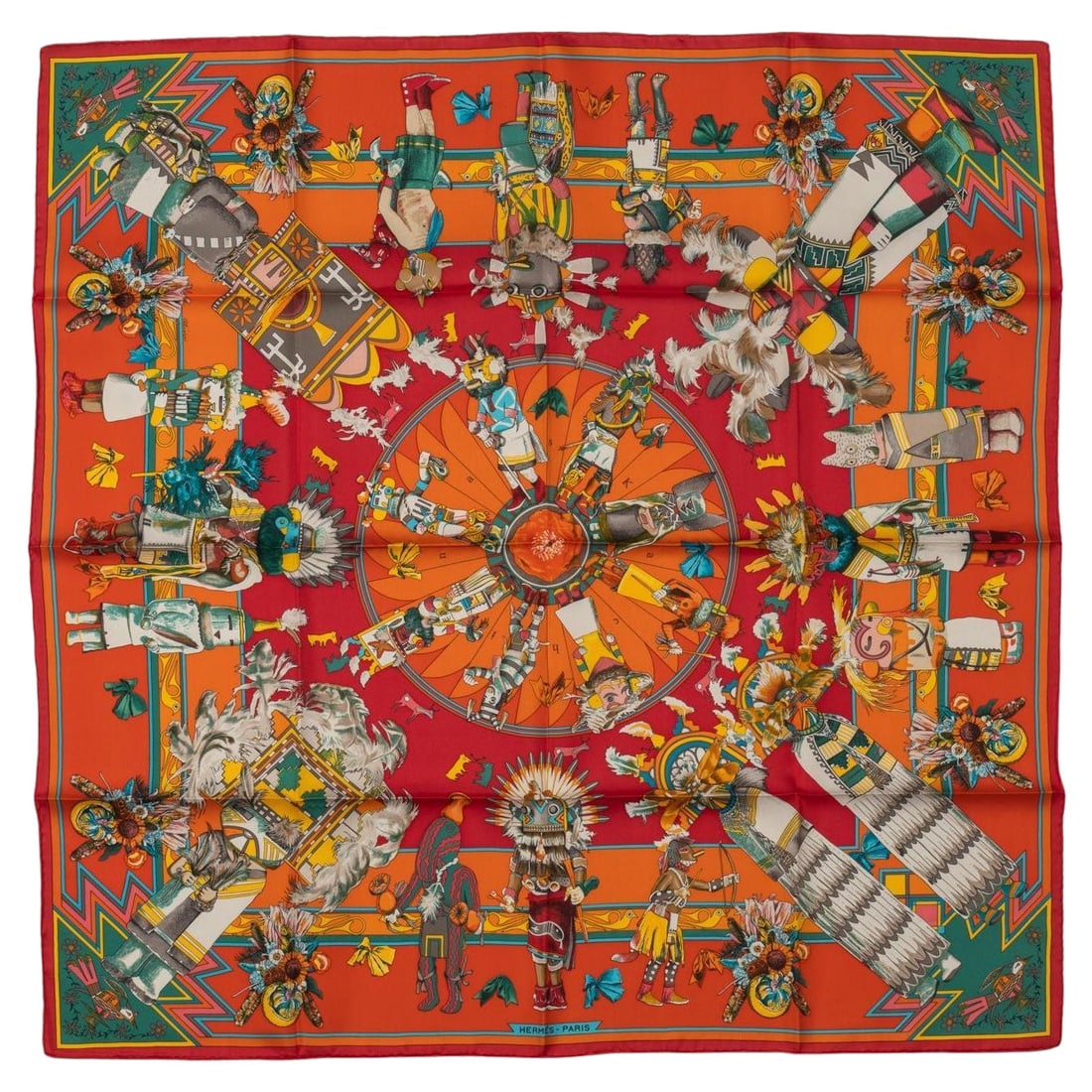 Hermes Kachinas Tribal Silk Scarf 35 Square by Oliver: Hermes Kachinas Tribal Silk Scarf 35 Square by Oliver Discover the elegance of this Hermes Rare Kachinas Tribal Silk Scarf, designed by Oliver. Made of 100% silk twill, this exquisite scarf features v