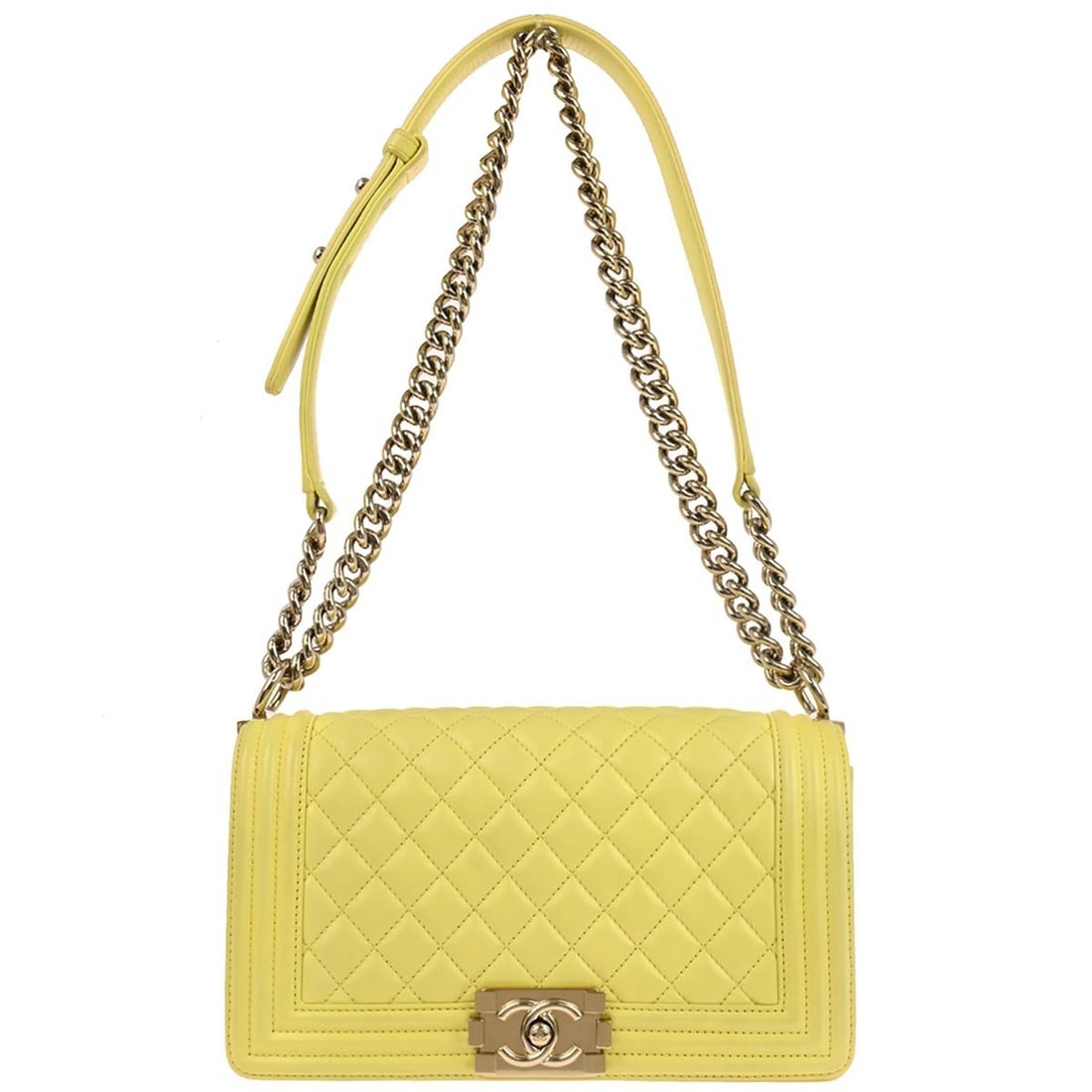Chanel Boy Medium Yellow Lambskin Quilted Chain Shoulder Bag: Chanel Boy Medium Yellow Lambskin Quilted Chain Shoulder Bag This vintage Chanel Boy medium shoulder bag features a square silhouette crafted from yellow lambskin leather. It is accented with quilted