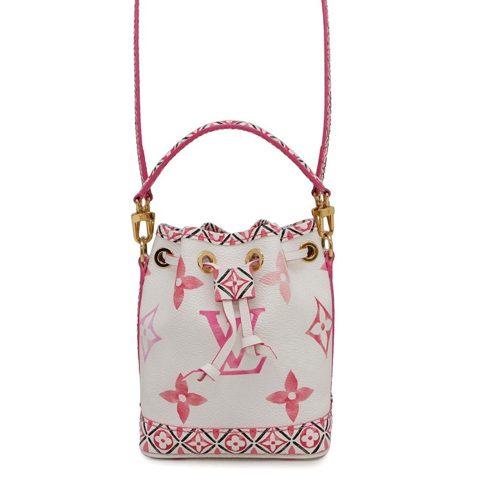 Pink Leather Nano Noe Mini Shoulder Bag by Louis Vuitton: Pink Leather Nano Noe Mini Shoulder Bag by Louis Vuitton This Louis Vuitton Nano Noe is crafted from pink leather and designed for women. Made in France, it features a compact silhouette with subtle s