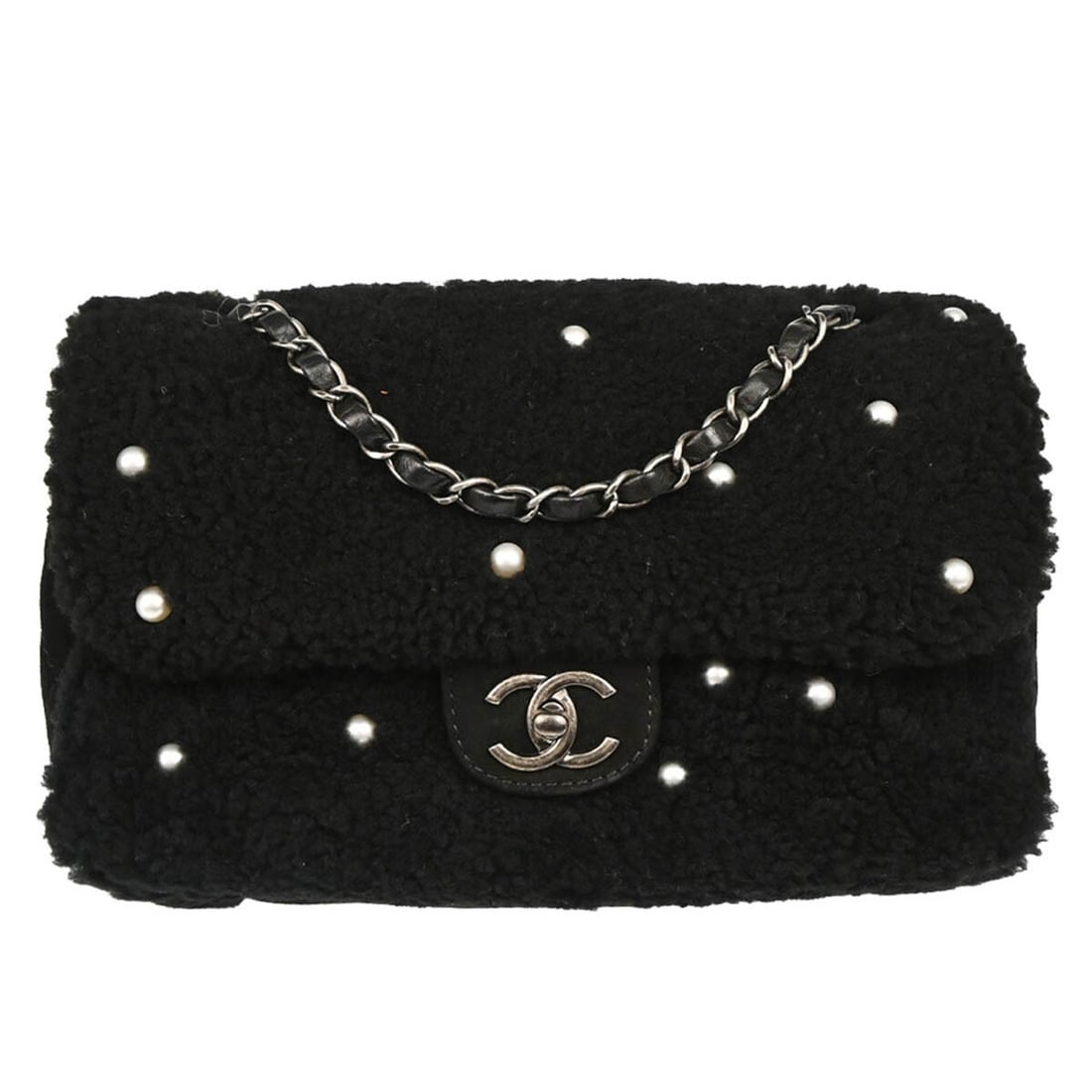 Chanel Black Wool Shoulder Bag with Pearl Detail: Chanel Black Wool Shoulder Bag with Pearl Detail This Chanel shoulder bag features a sophisticated design in black wool, making it an elegant addition to any outfit. The bag is secured with a turn loc
