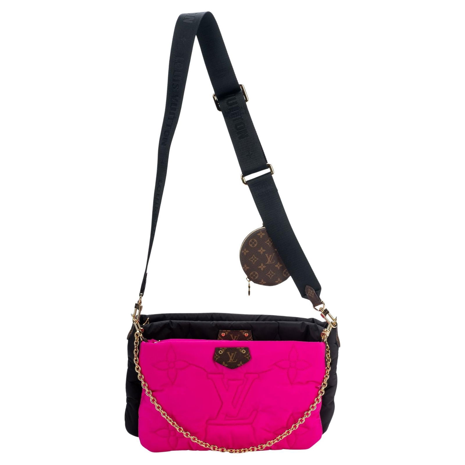 Louis Vuitton Pink and Black Econyl Maxi Multi Pochette with Gold Hardware: Louis Vuitton Pink and Black Econyl Maxi Multi Pochette with Gold Hardware Elevate your accessory collection with the Louis Vuitton Pochette in Pink Pillow, a luxurious piece that combines style and s