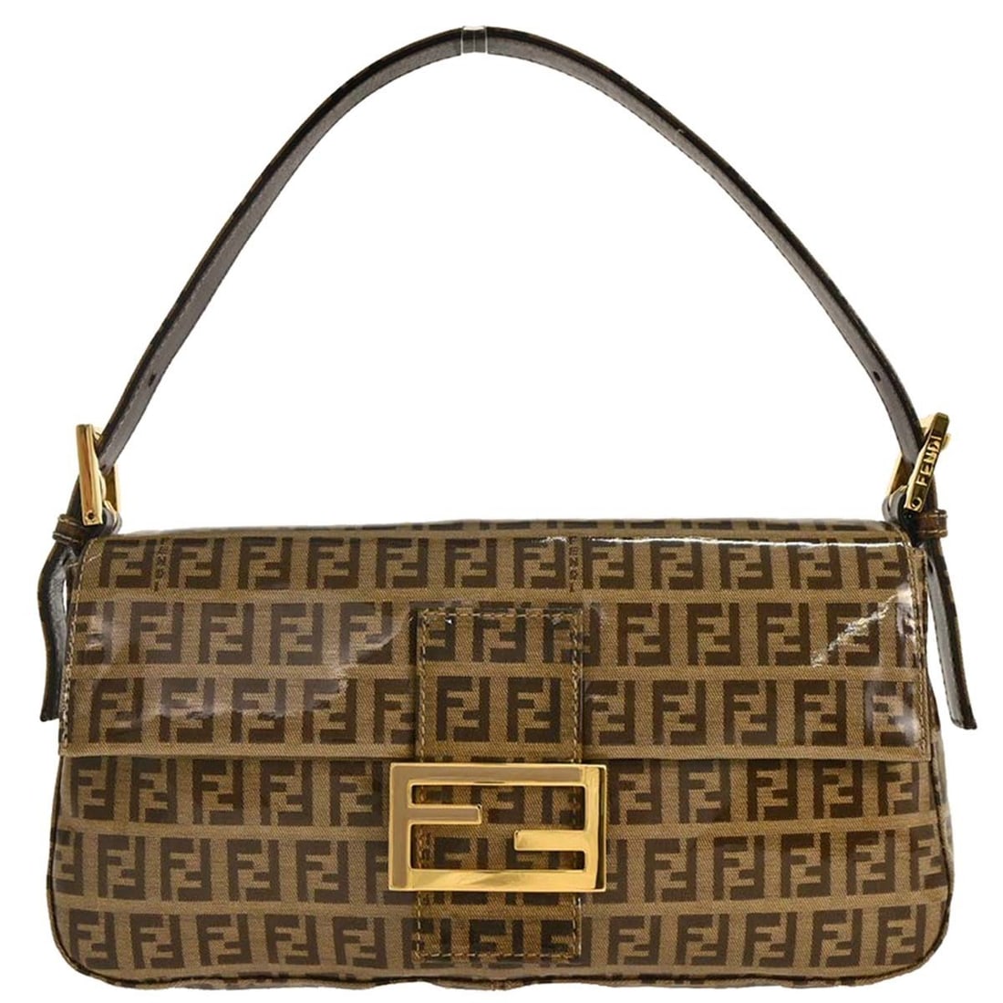 Fendi Brown PVC Zucchino Baguette Handbag 222826424 with Gold Hardware: Fendi Brown PVC Zucchino Baguette Handbag 222826424 with Gold Hardware This stylish Fendi Baguette handbag features a chic brown PVC exterior with the iconic Zucchino logo. Designed for casual occasio