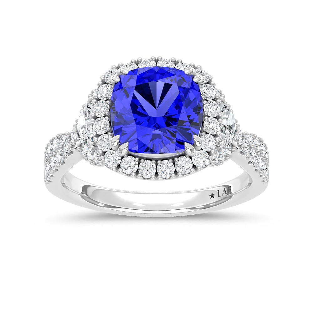 14K White Gold Lab Grown Diamond 3 5/8 Ct.Tw. Cushion Shape Recrystalized Blue Sapphire Engagement: 14K White Gold Lab Grown Diamond 3 5/8 Ct.Tw. Cushion Shape Recrystalized Blue Sapphire Engagement Ring (Center 2 3/4 ct) Exude timeless elegance with this 14K white gold engagement ring, featuring a