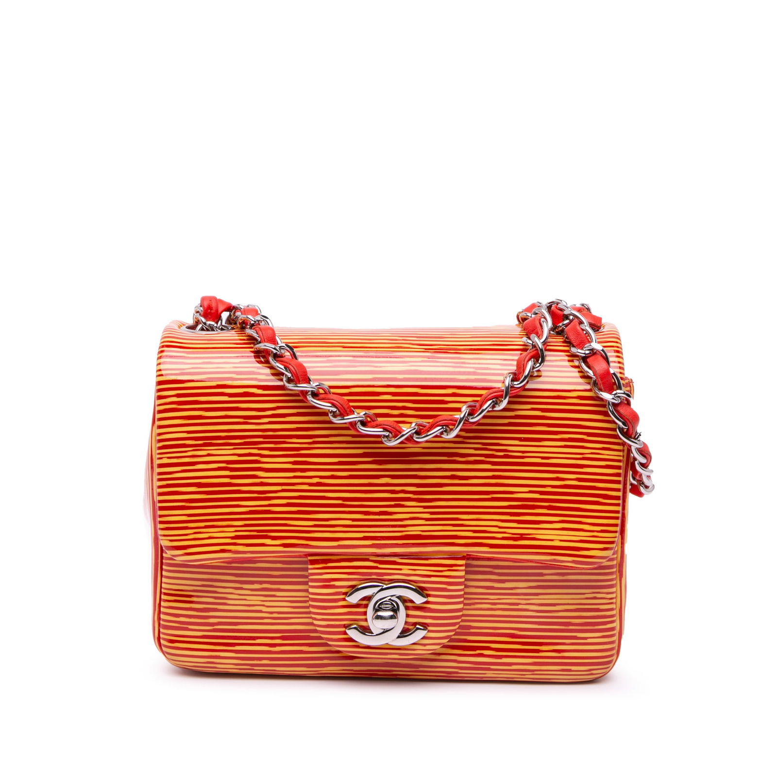Chanel Mini Square Classic Patent Flap Bag Orange Leather: Chanel Mini Square Classic Patent Flap Bag Orange Leather This stylish Chanel Mini Square Classic Patent Striped Single Flap bag showcases a vibrant orange patent leather body, complemented by a leath