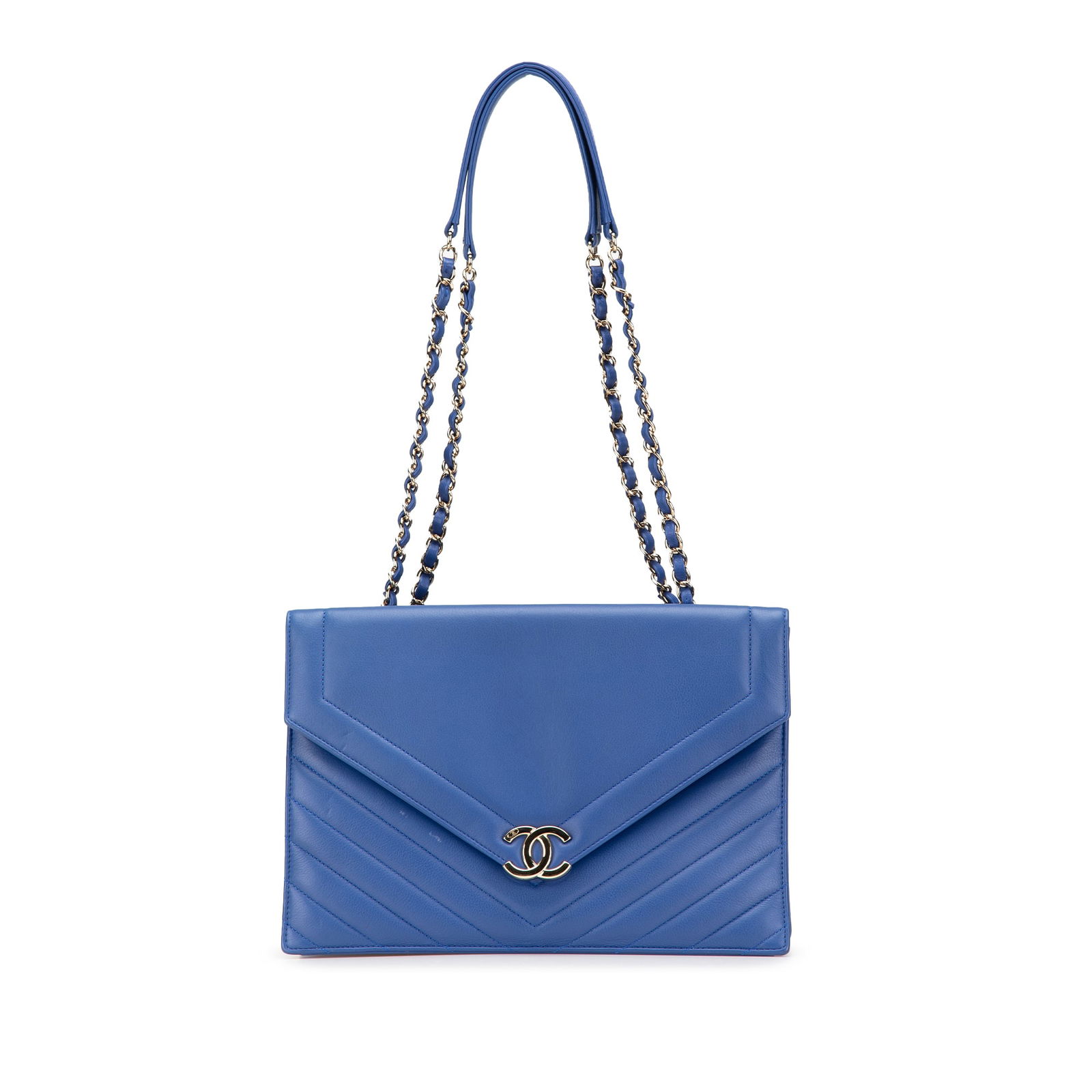 Chanel Blue Chevron Calfskin Coco Envelope Shoulder Bag: Chanel Blue Chevron Calfskin Coco Envelope Shoulder Bag This stylish Chanel Chevron Calfskin Coco Envelope Shoulder Bag is crafted from luxurious calfskin leather, showcasing a chic blue color. It fea